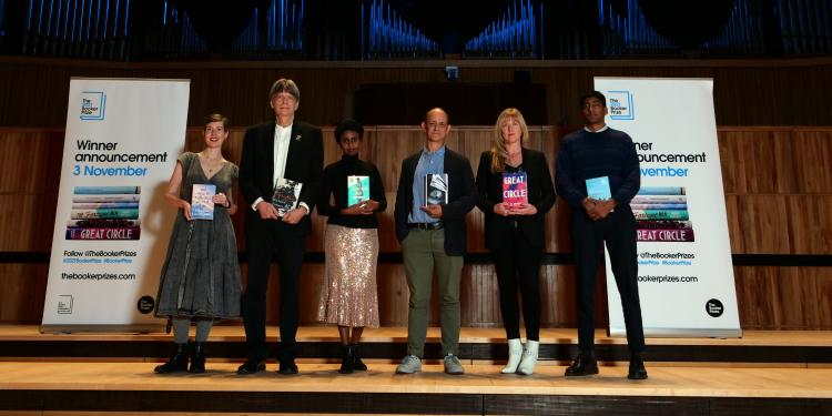 Line up of - from left - Patricia Lockwood, Richard Powers, Nadifa Mohamed, Damon Galgut, Maggie Shipstead and Anuk Arudpragasam at Southbank Centre.