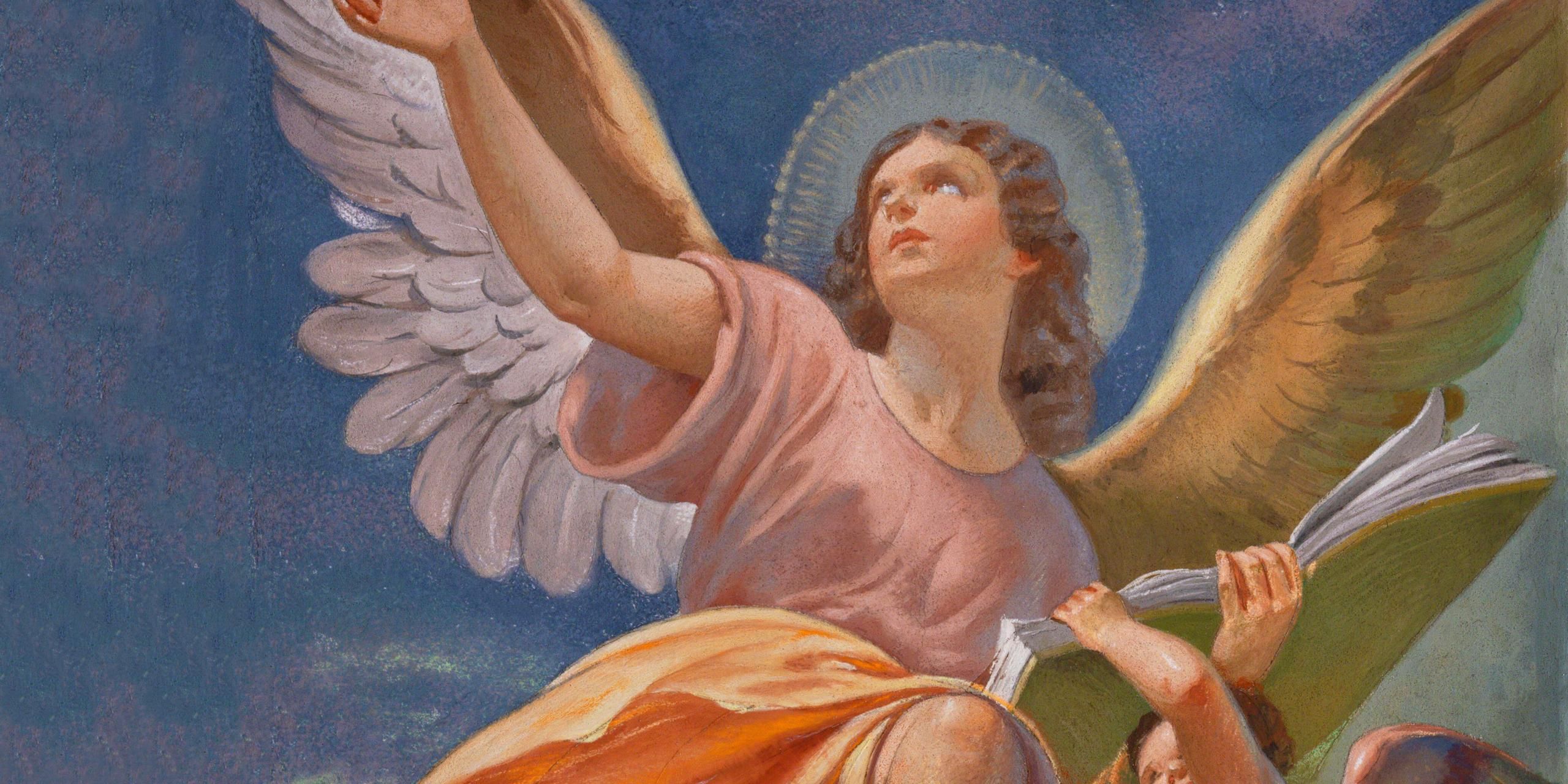 Fresco of angel with book in the Cattedrala di Santa Croce by Giovanni Secchi