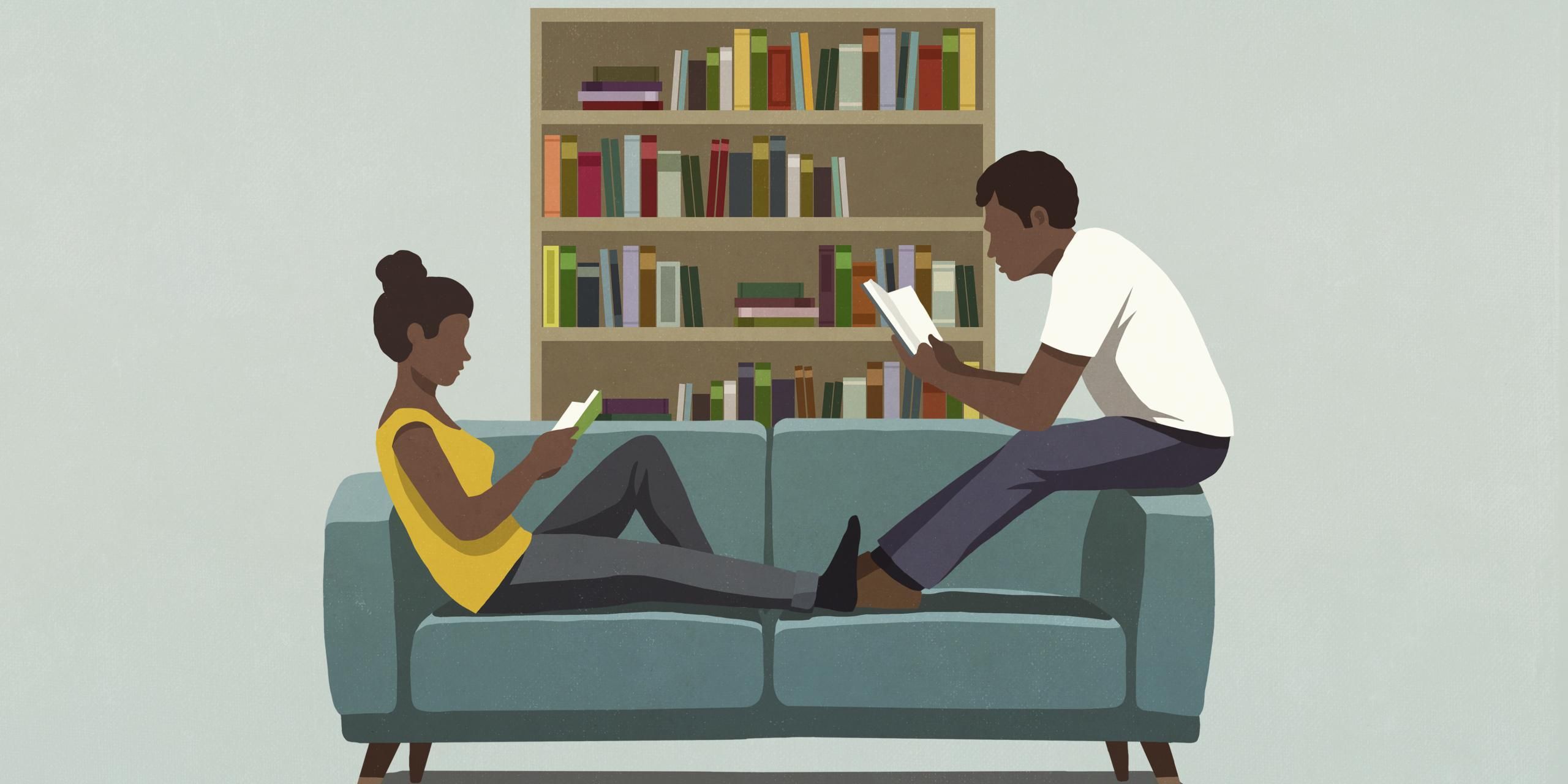 Couple reading books on sofa illustration