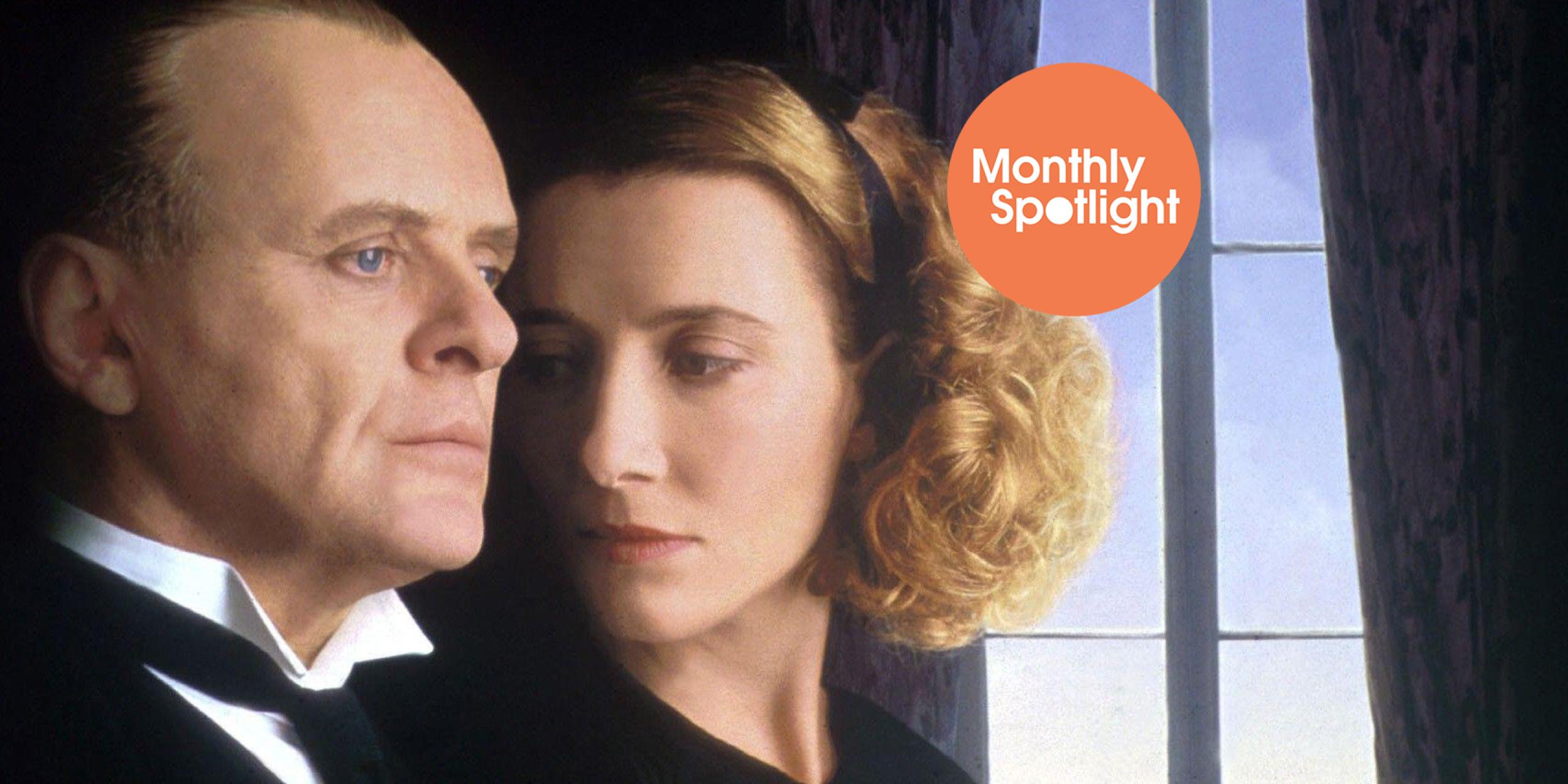 Anthony Hopkins and Emma Thompson in Remains of the day, standing by a window.