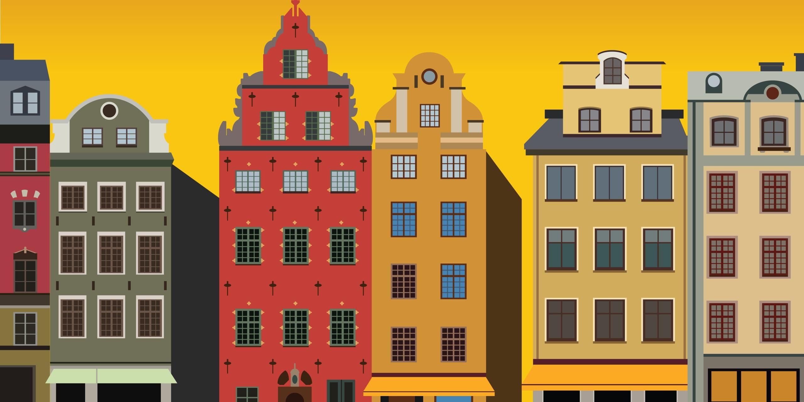 Illustration of sunset view of Houses on Stortorget square in Gamla stan in Stockholm, Sweden.