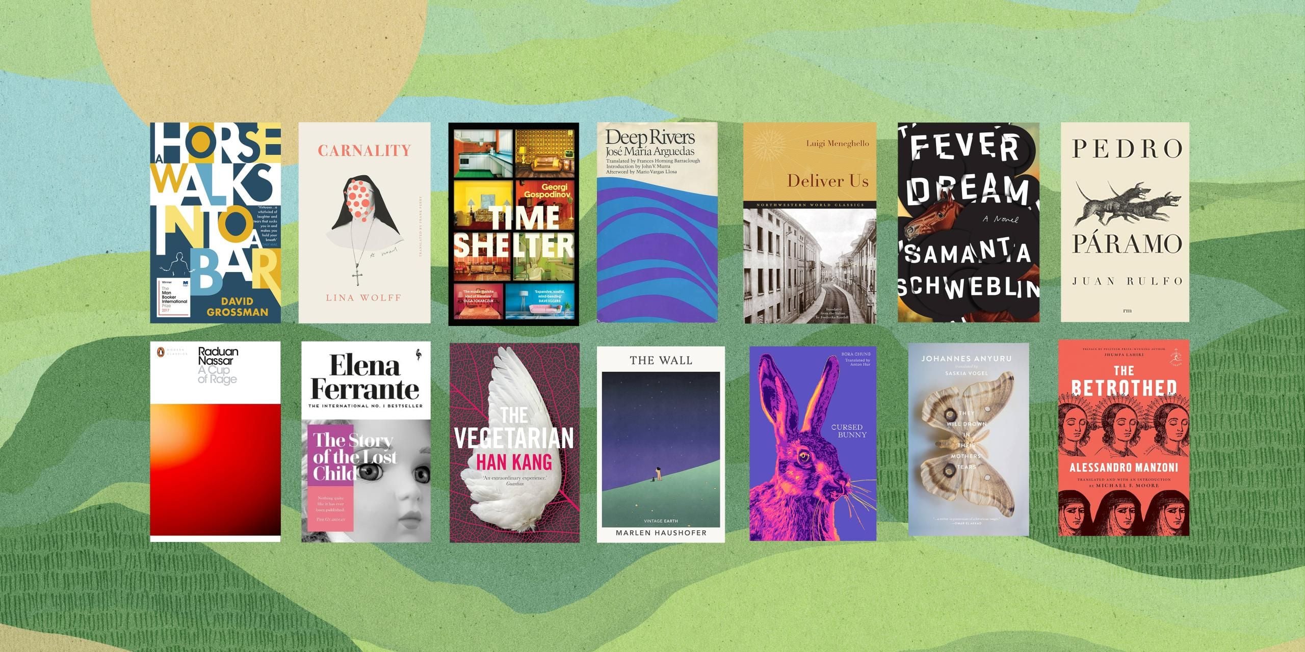 A wide selection of book front covers on a green back ground.