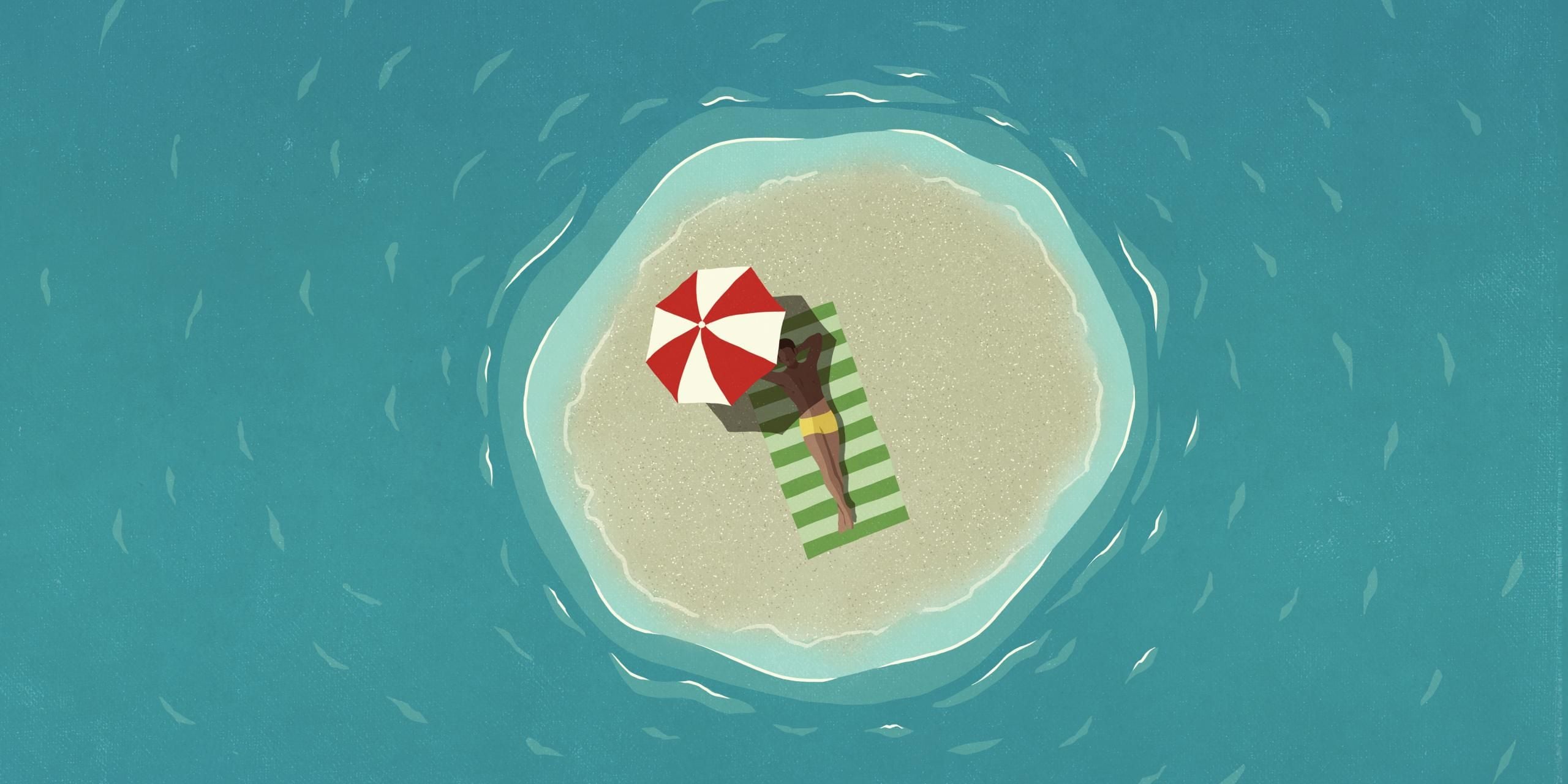 View from above man sunbathing on tiny island surrounded by water.