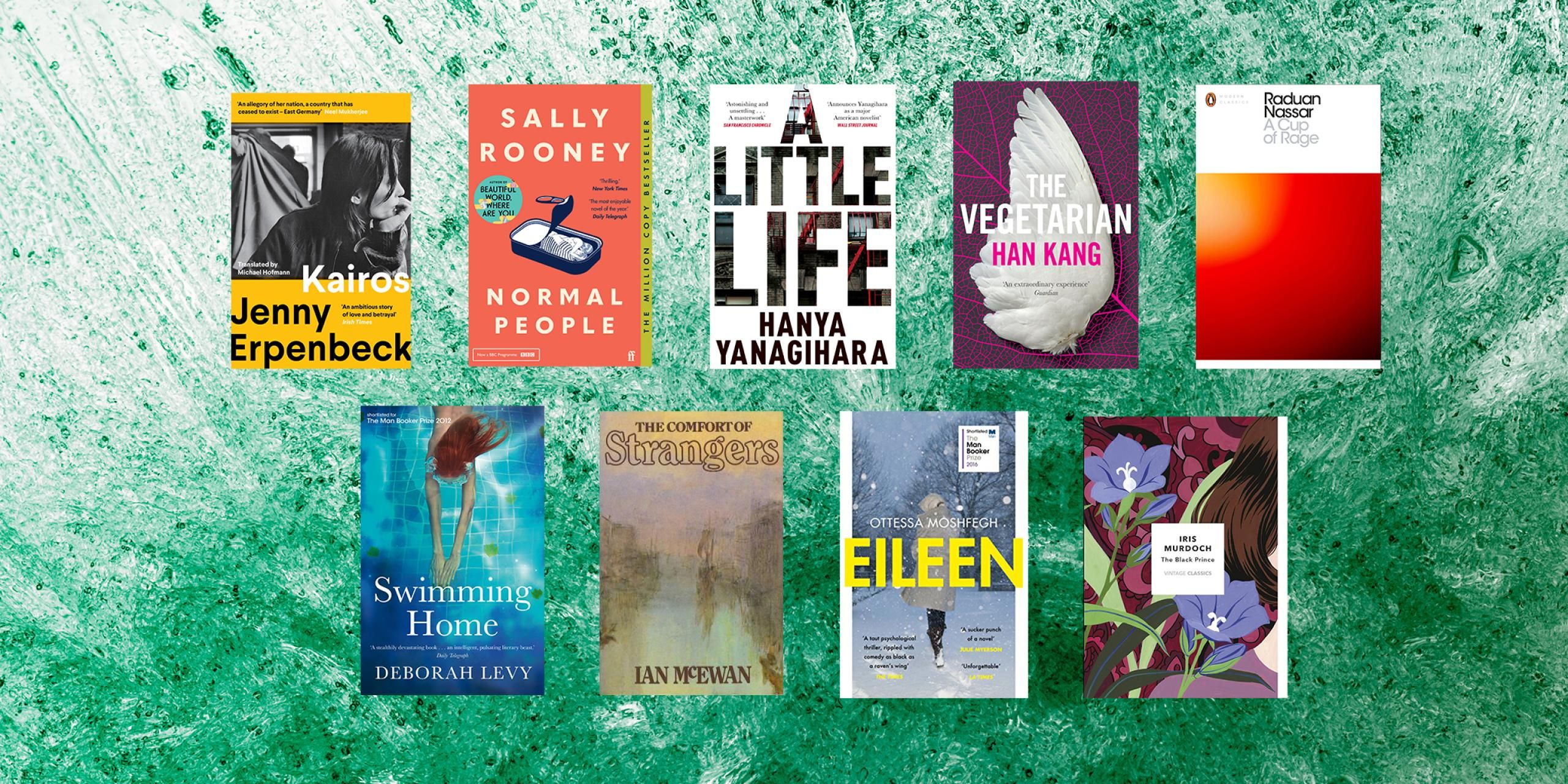 Front covers of books on green textured background.