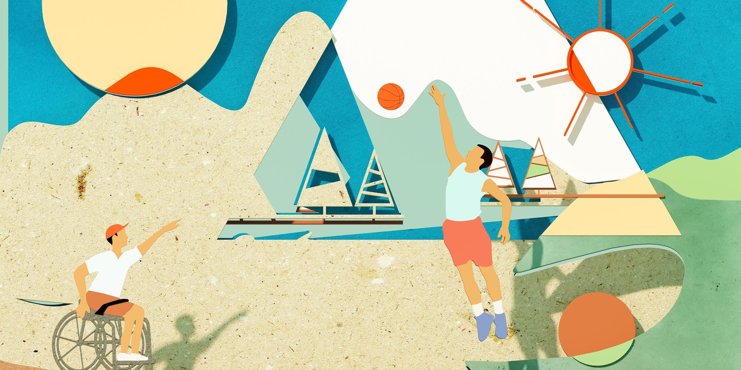 Playing basketball outdoors, design cutout in cubism style.