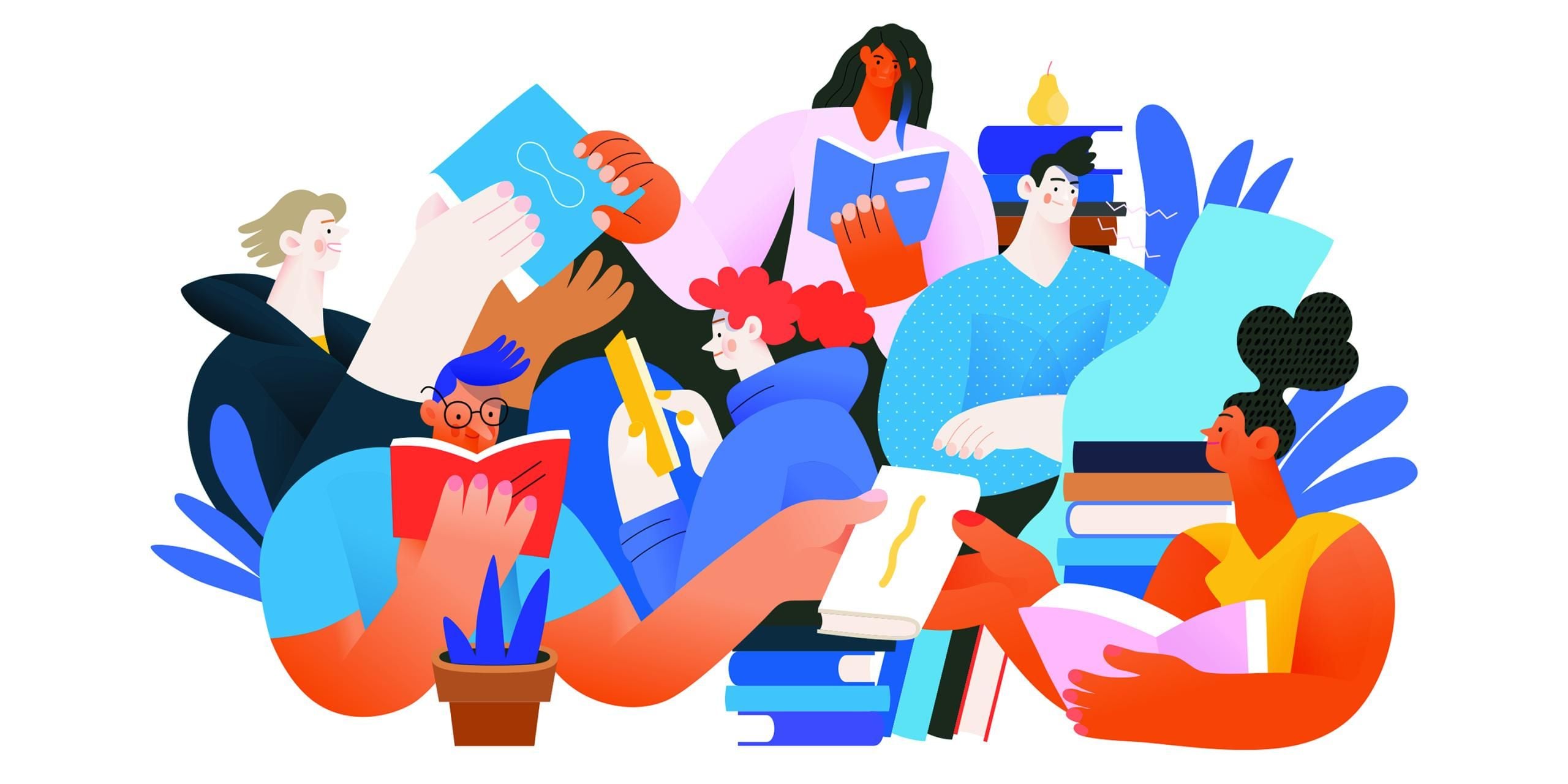 An illustration of a group of people reading.