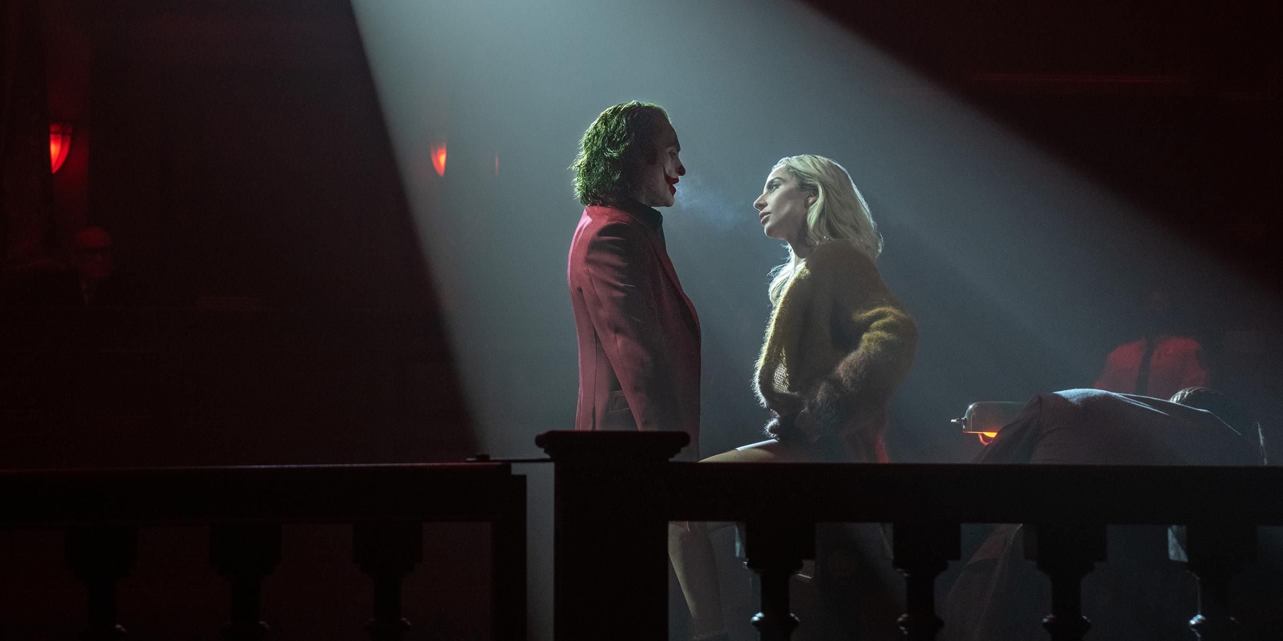 Joaquin Phoenix as Arthur Fleck/Joker and Lady Gaga as Harley Quinn/Harleen Quinzel in Joker: Folie à Deux.