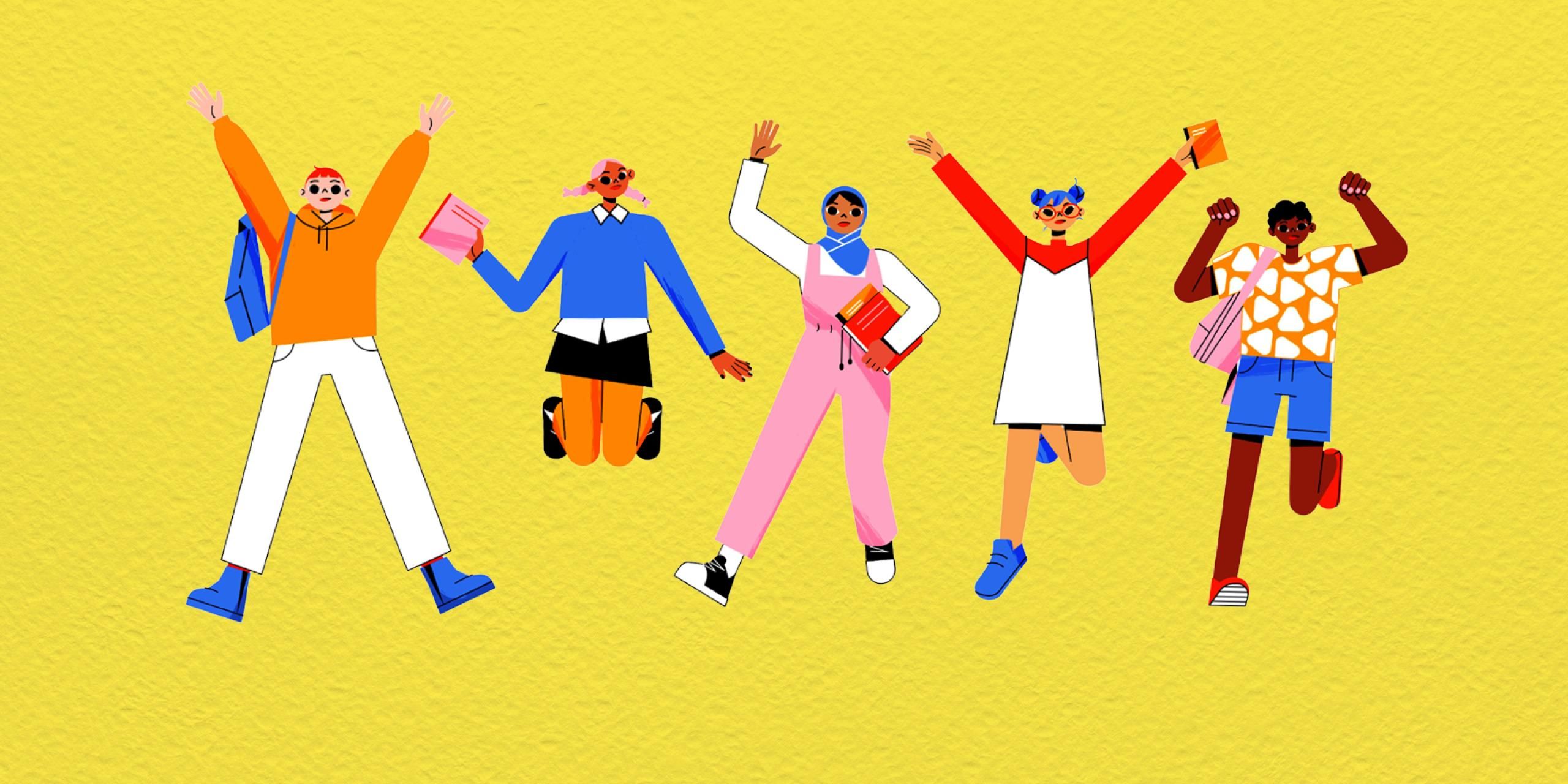 Five happy people jumping in the air