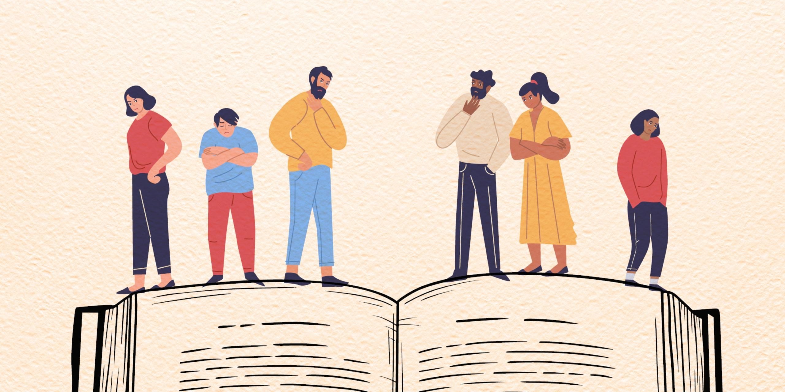 Illustration of people standing on a book