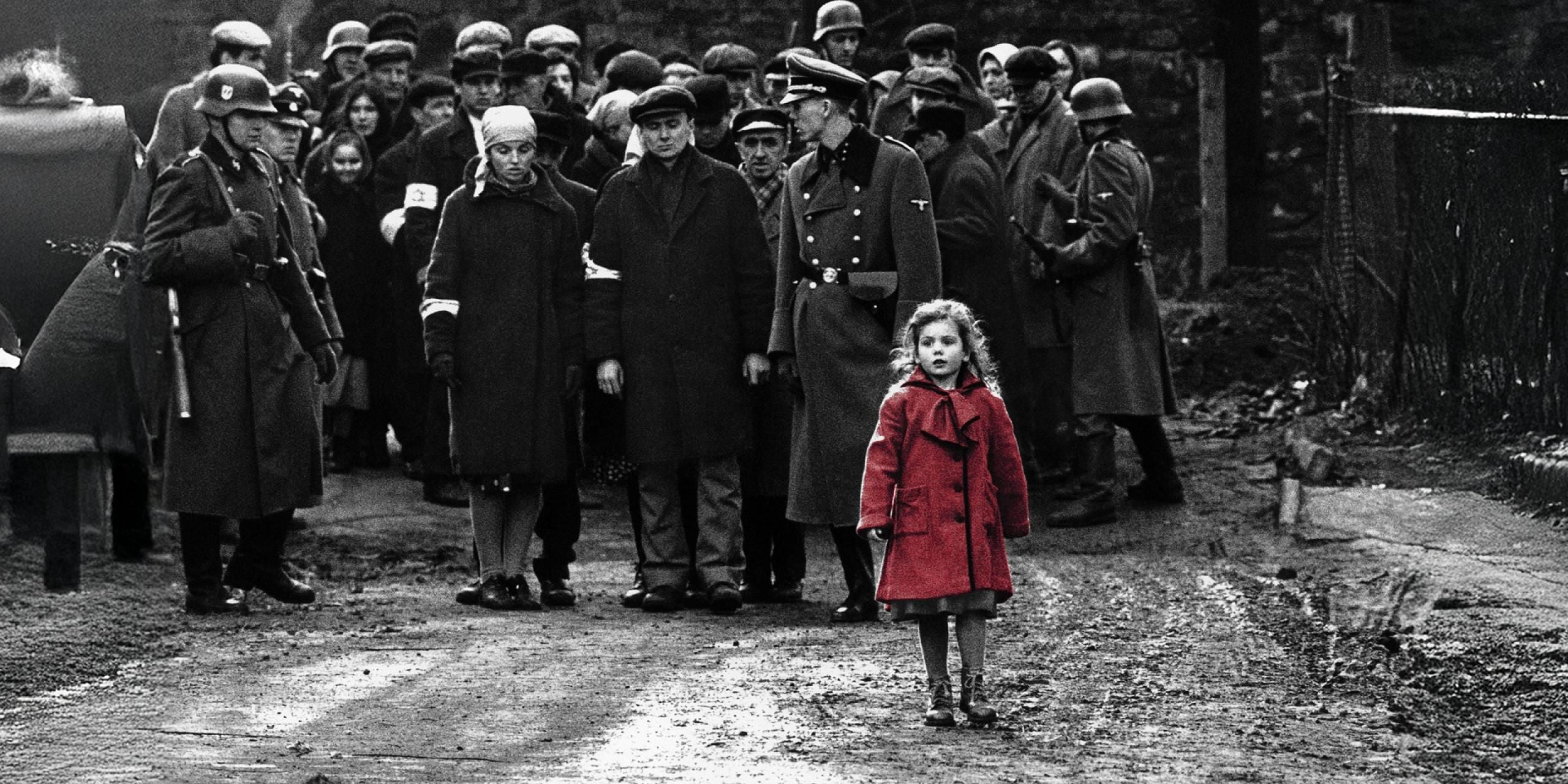 Girl in red coat film still from Schindler's List