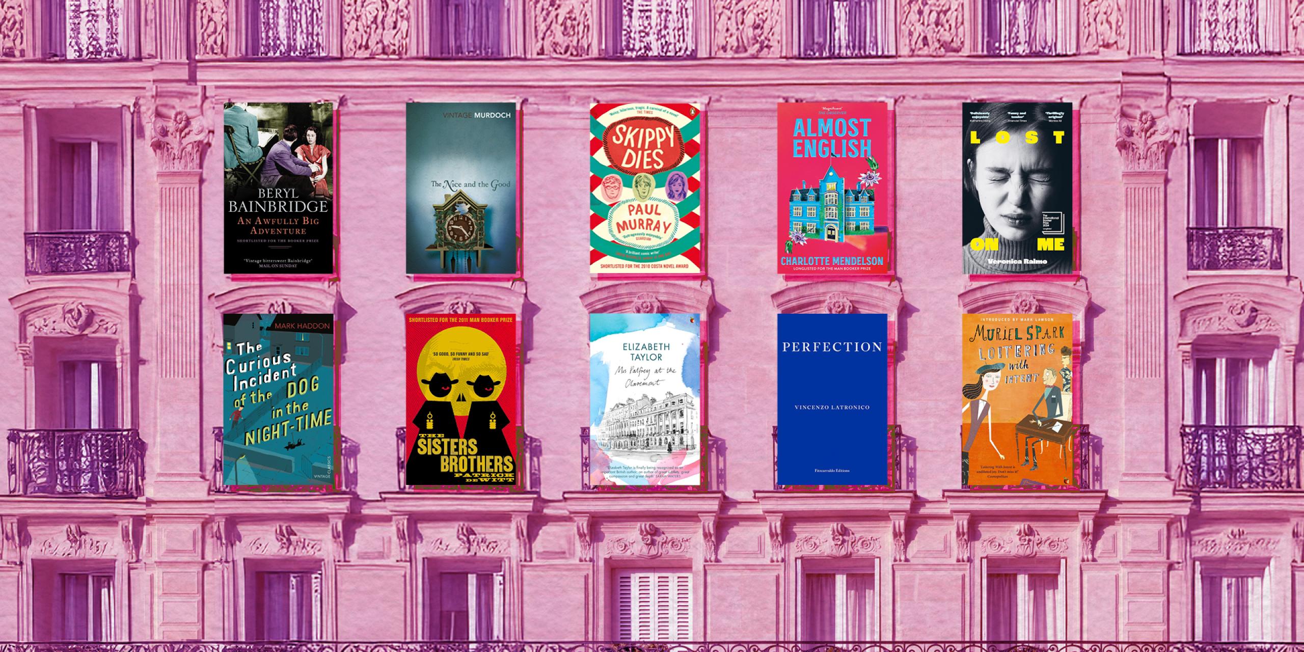 Ten book covers presented in two rows of five against a background that features a close up of a grand hotel building with a pink colour wash over the top