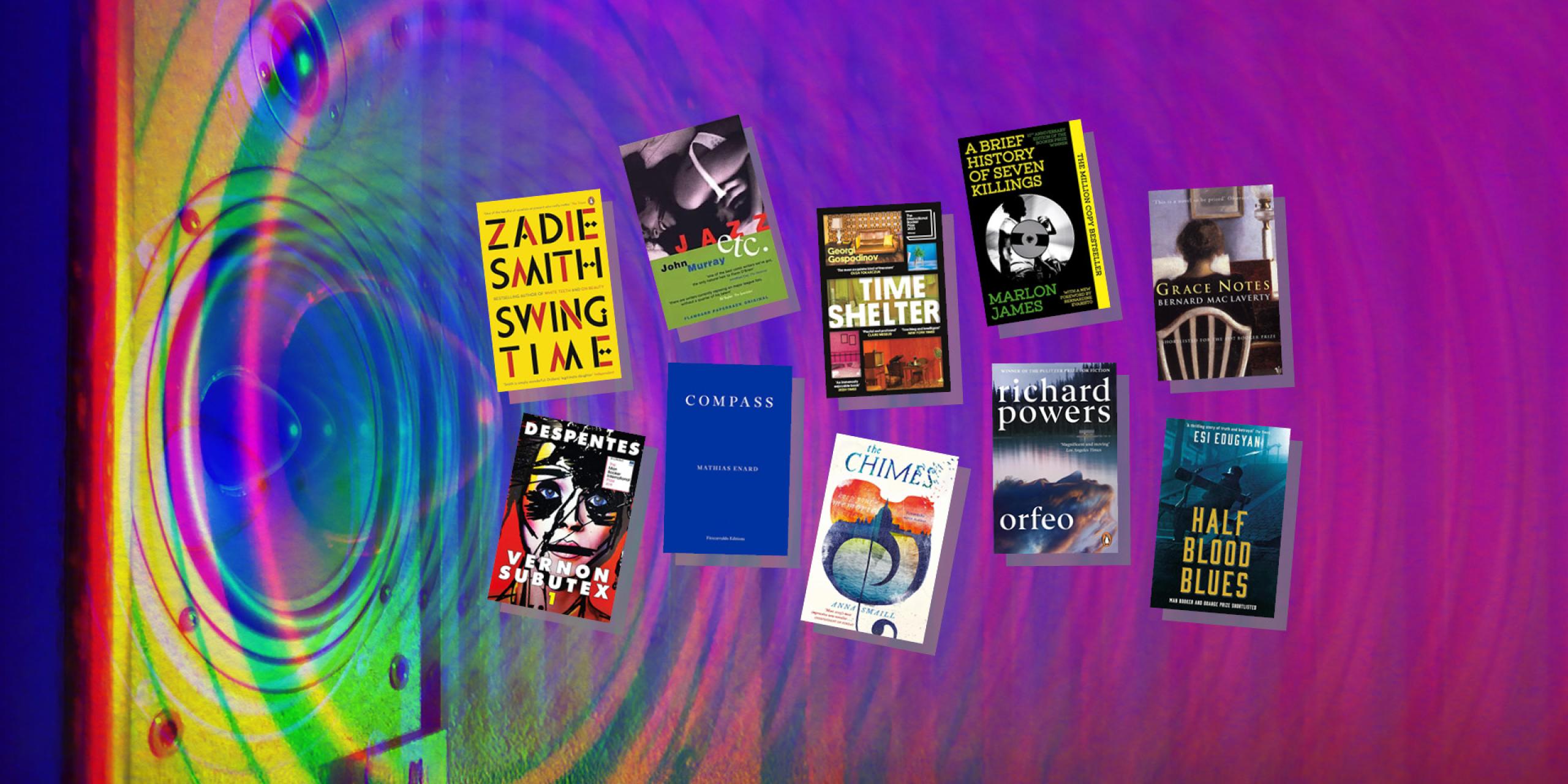 Colourful graphic of a speaker with ten books displayed playfully alongside, as though they were musical notes coming out of the speaker