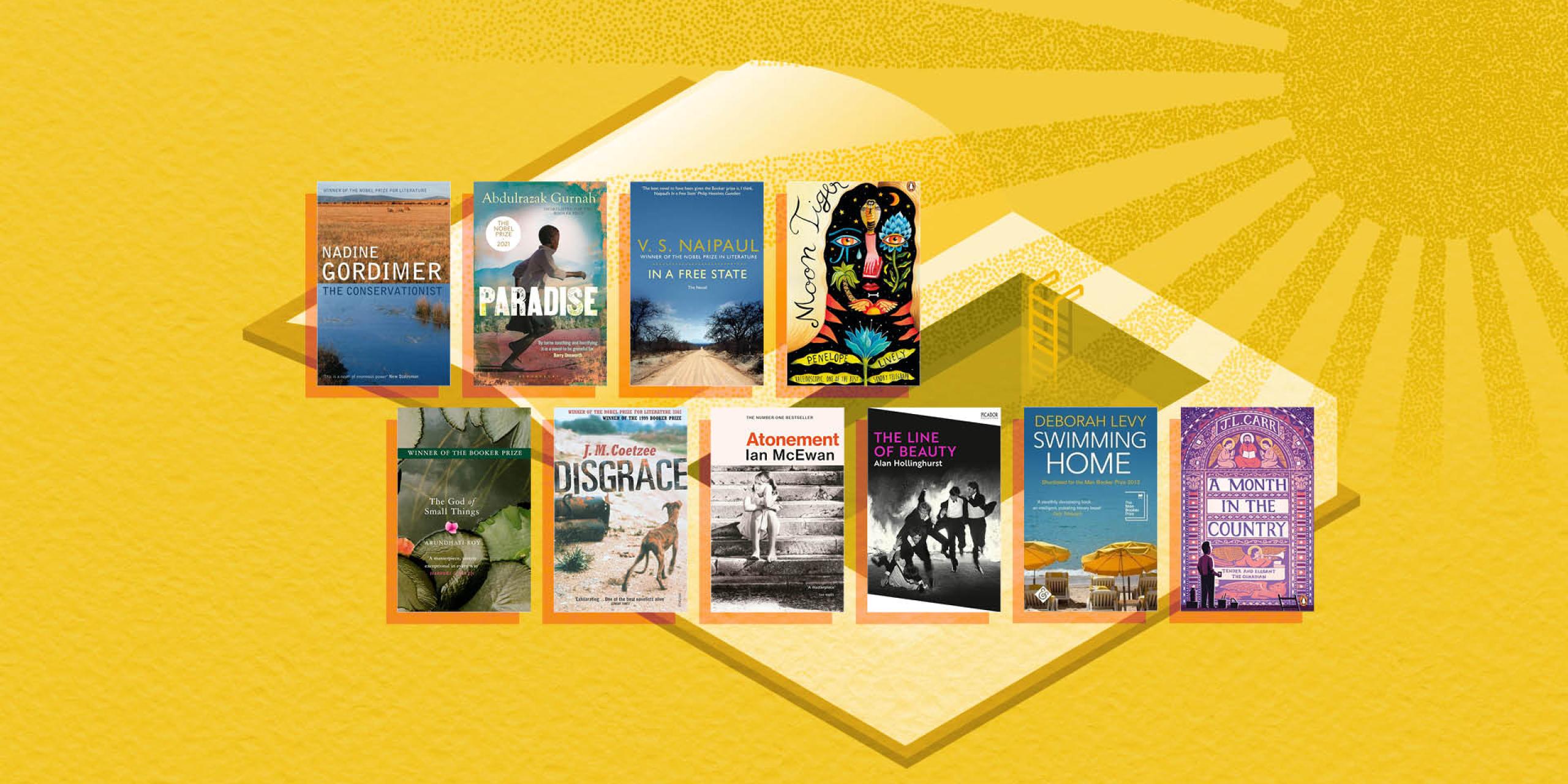 A selection of books presented against a bright yellow background, featuring graphics of the sun and an open book, which has a swimming pool within its pages
