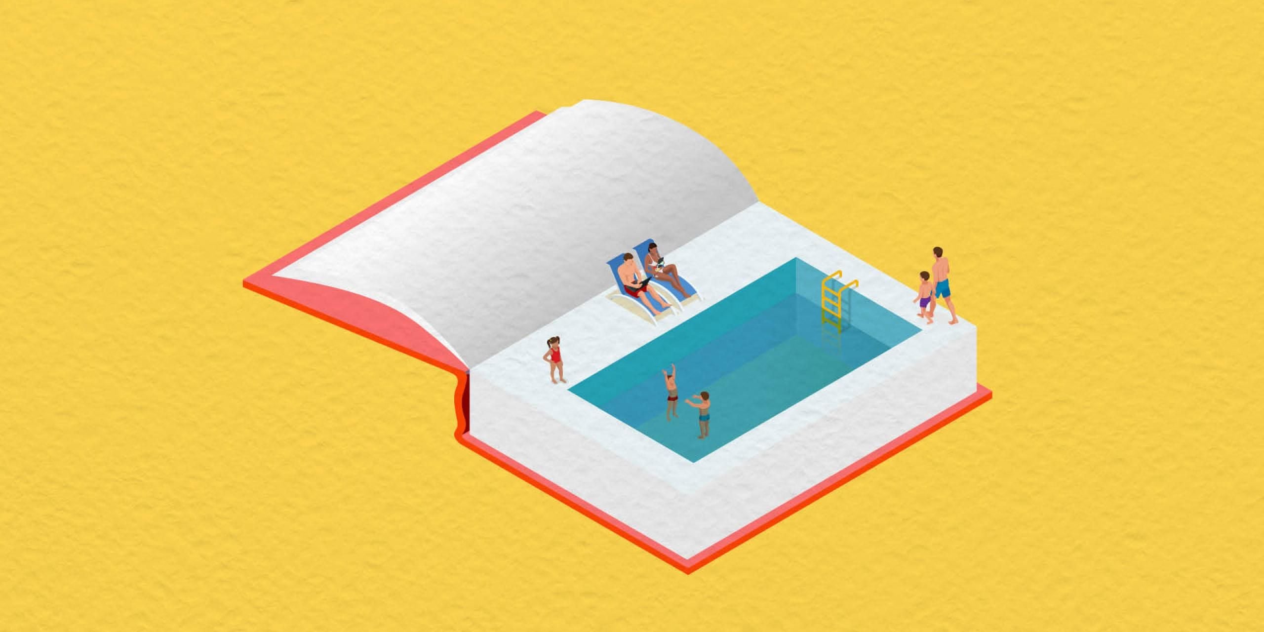 A summery illustration against an orange-yellow background showing an open book with a swimming pool within it. There are people around and in the pool; two sit on sit on sun loungers reading books.