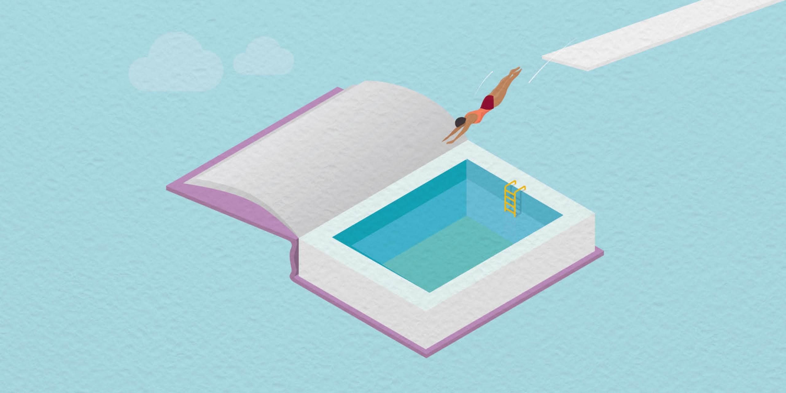 A summery illustration against a pale blue background showing an open book with a swimming pool within it and a person diving into it from a high board
