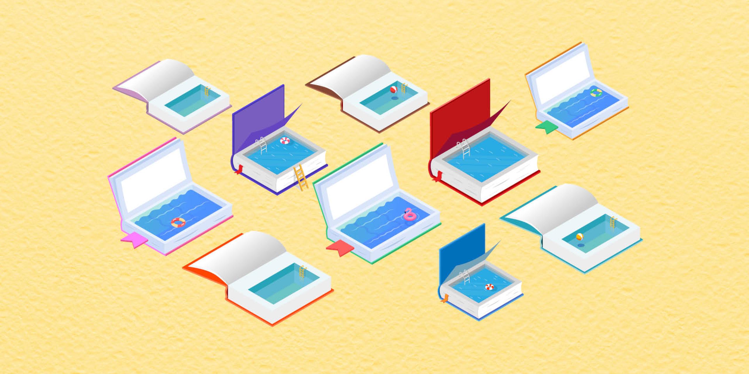 A selection of open books with swimming pools within the pages presented sandy yellow background