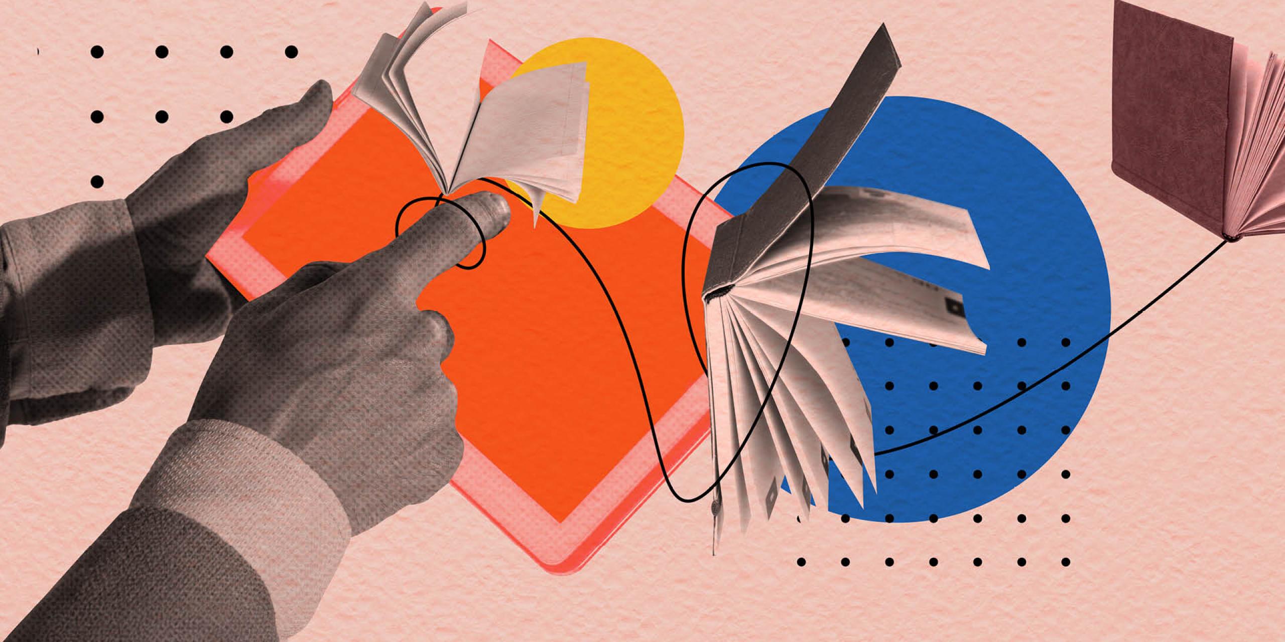 Mixed media collage combining a black-and-white photo of a pair of hands, some open books, a tablet plus colourful graphic elements including large and small polka dots and a looping black line linking the books and the human hands together