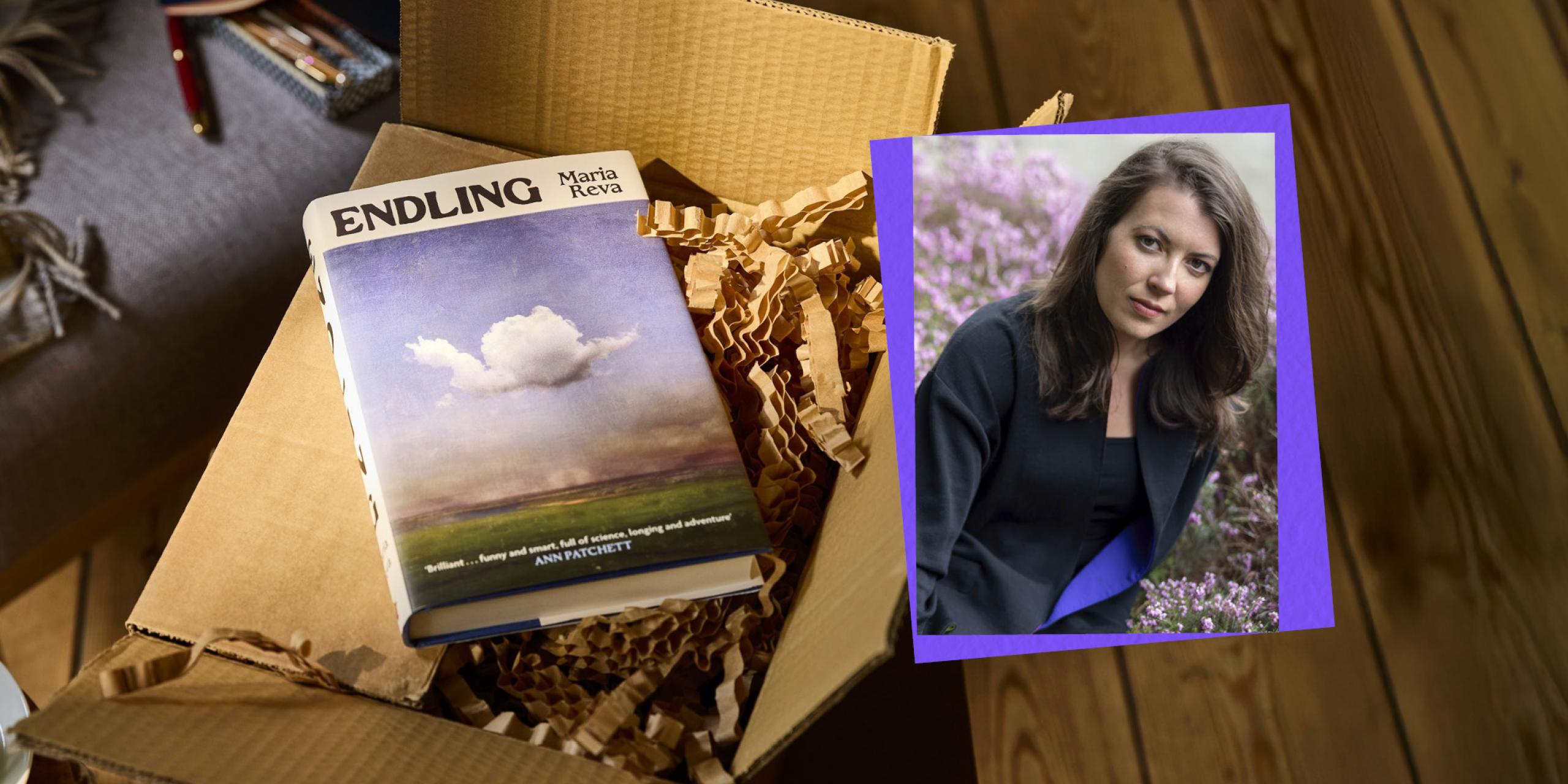 Endling book cover resting on a box with a photo of Maria Reva