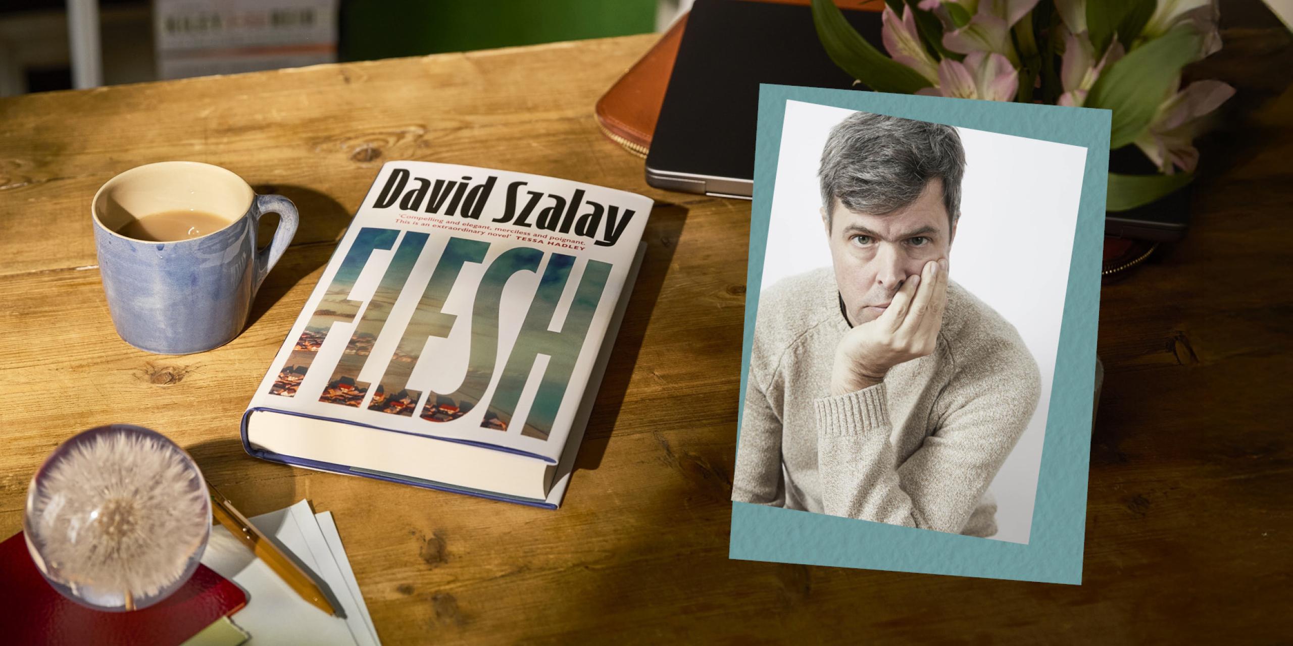 A composite showing a headshot of the author David Szalay alongside a copy of his novel, Flesh