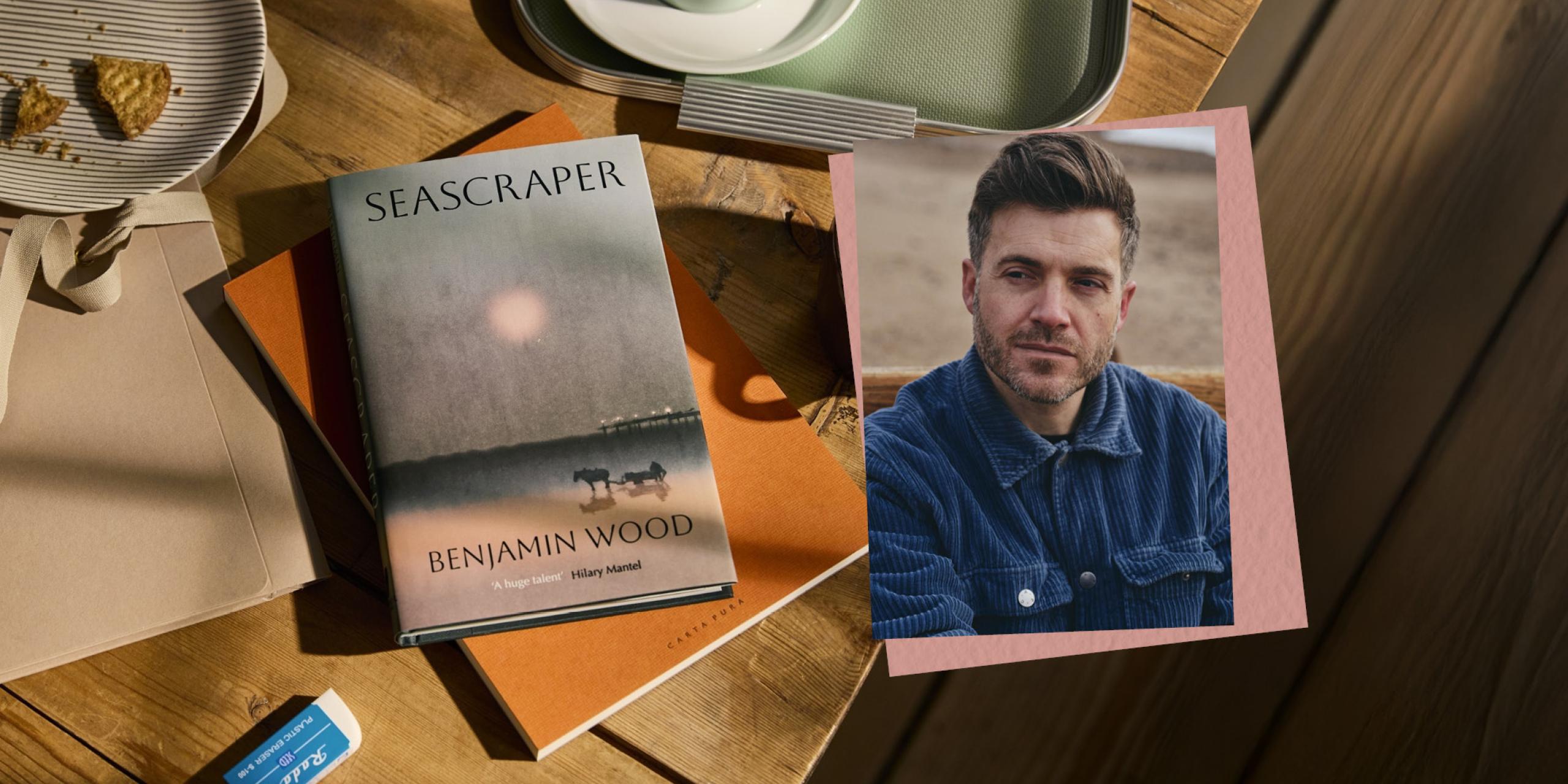 A composite showing a headshot of the author Benjamin Wood alongside a copy of his novel, Seascraper