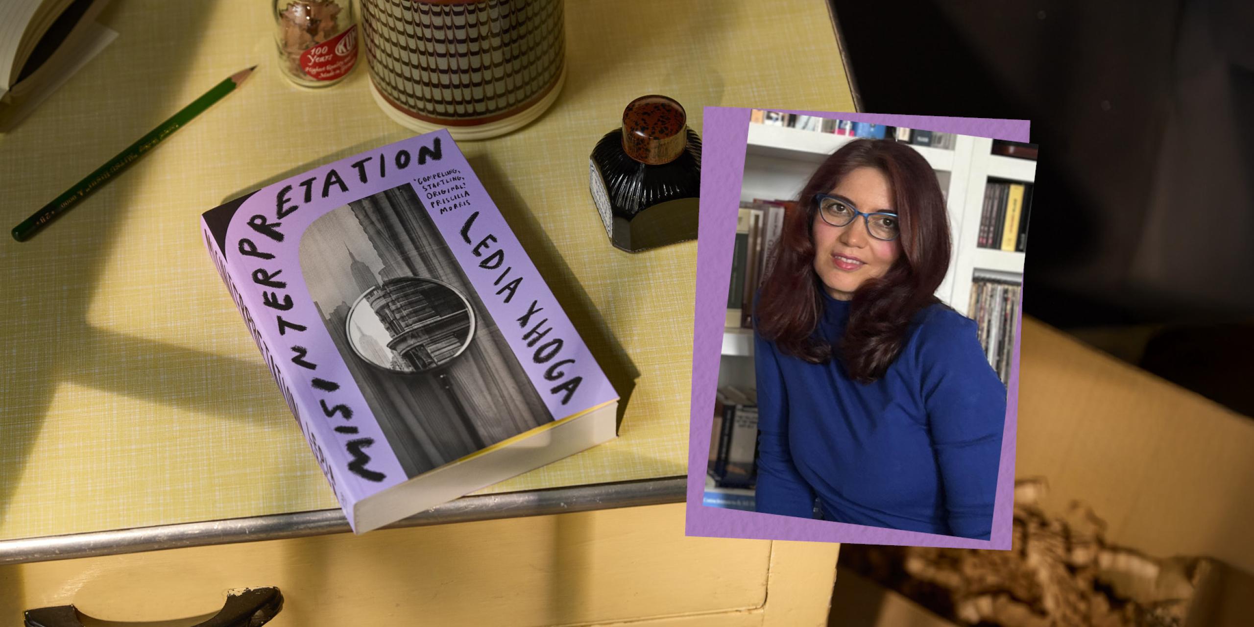The book cover of Misinterpretation on a bench with a photo of the author Ledia Xhoga next to it