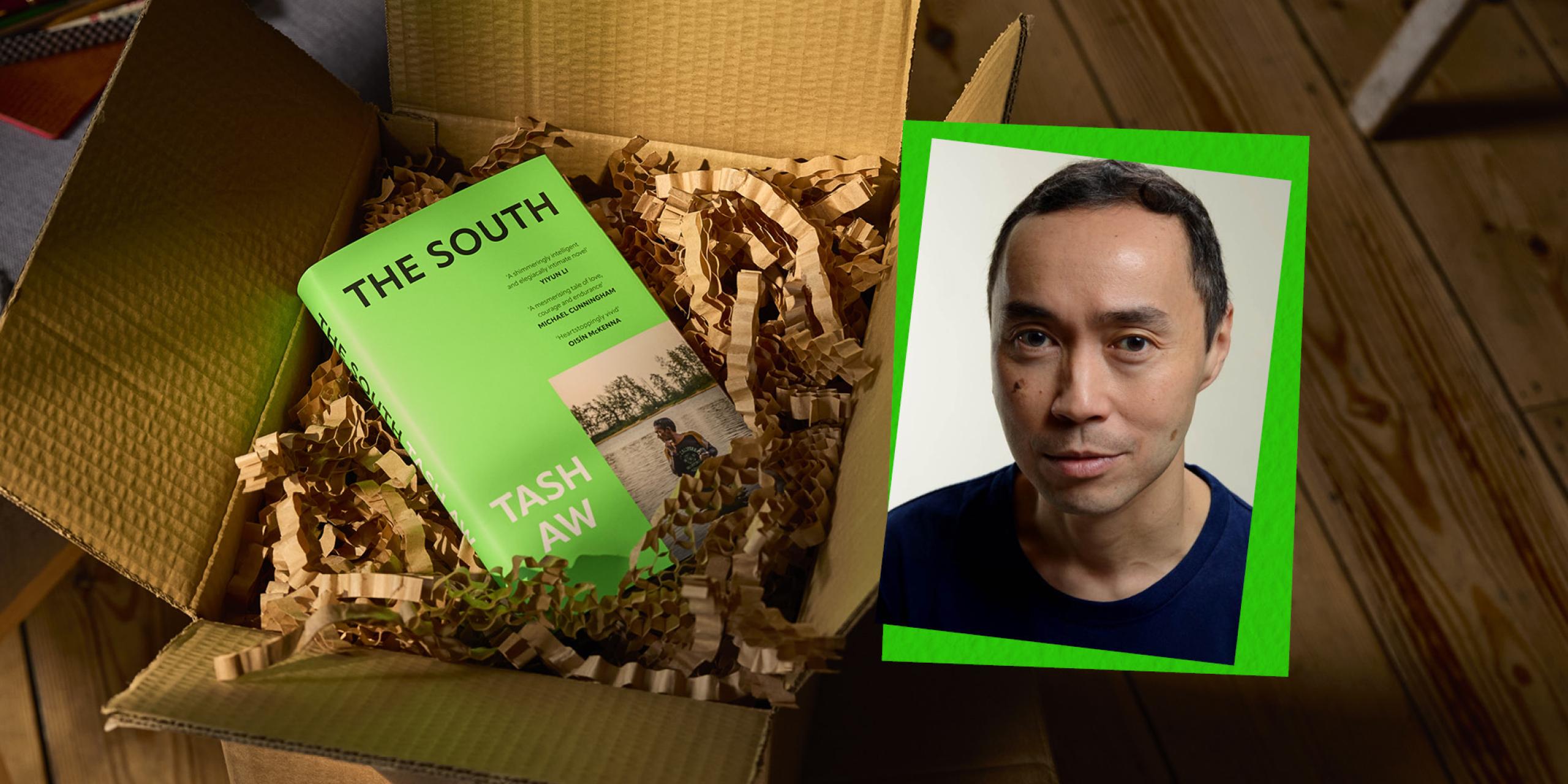 A composite showing a headshot of the author Tash Aw alongside a copy of his novel, The South