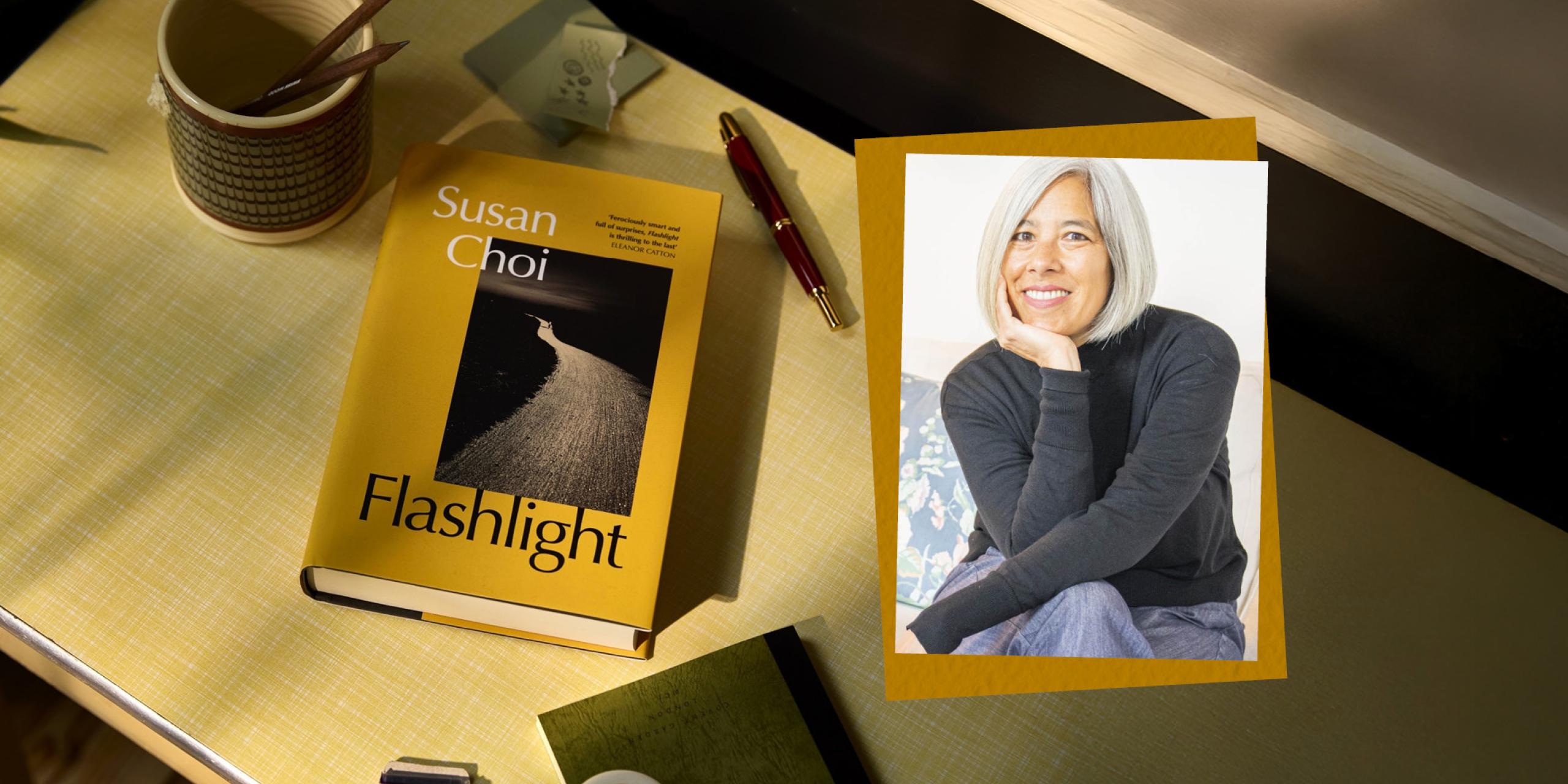 A composite showing a headshot of the author Susan Choi alongside a copy of her novel, Flashlight