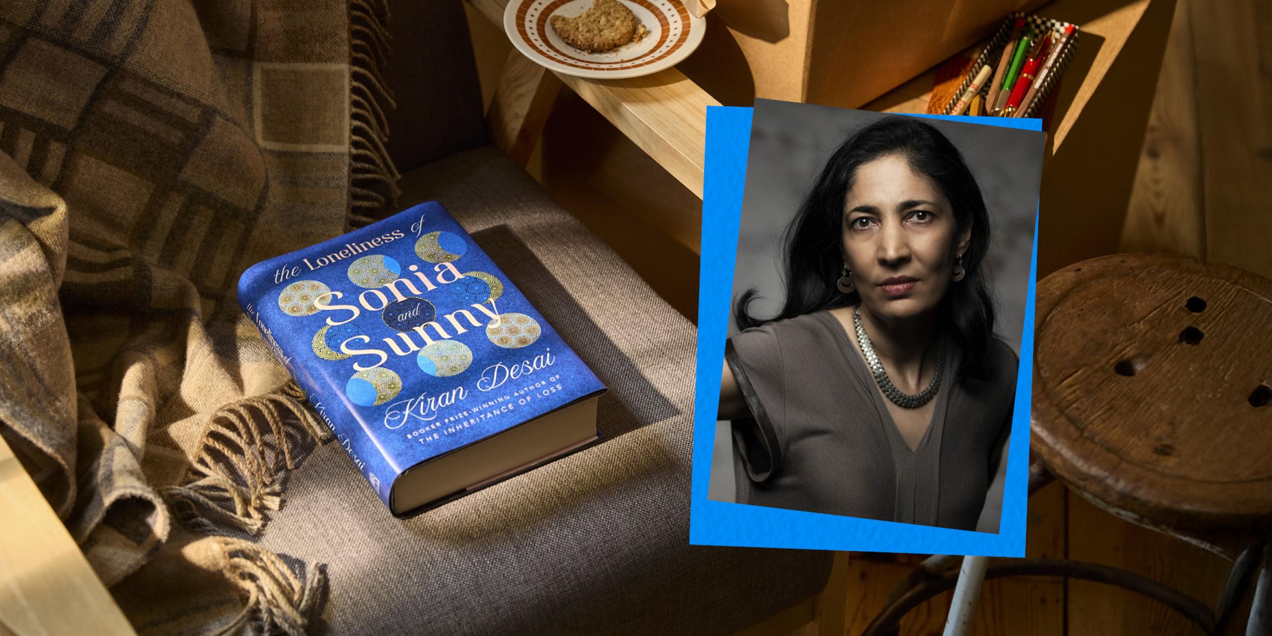 The Loneliness of Sonia and Sunny lying on a grey chair with a blanket across the back next to an image of Kiran Desai