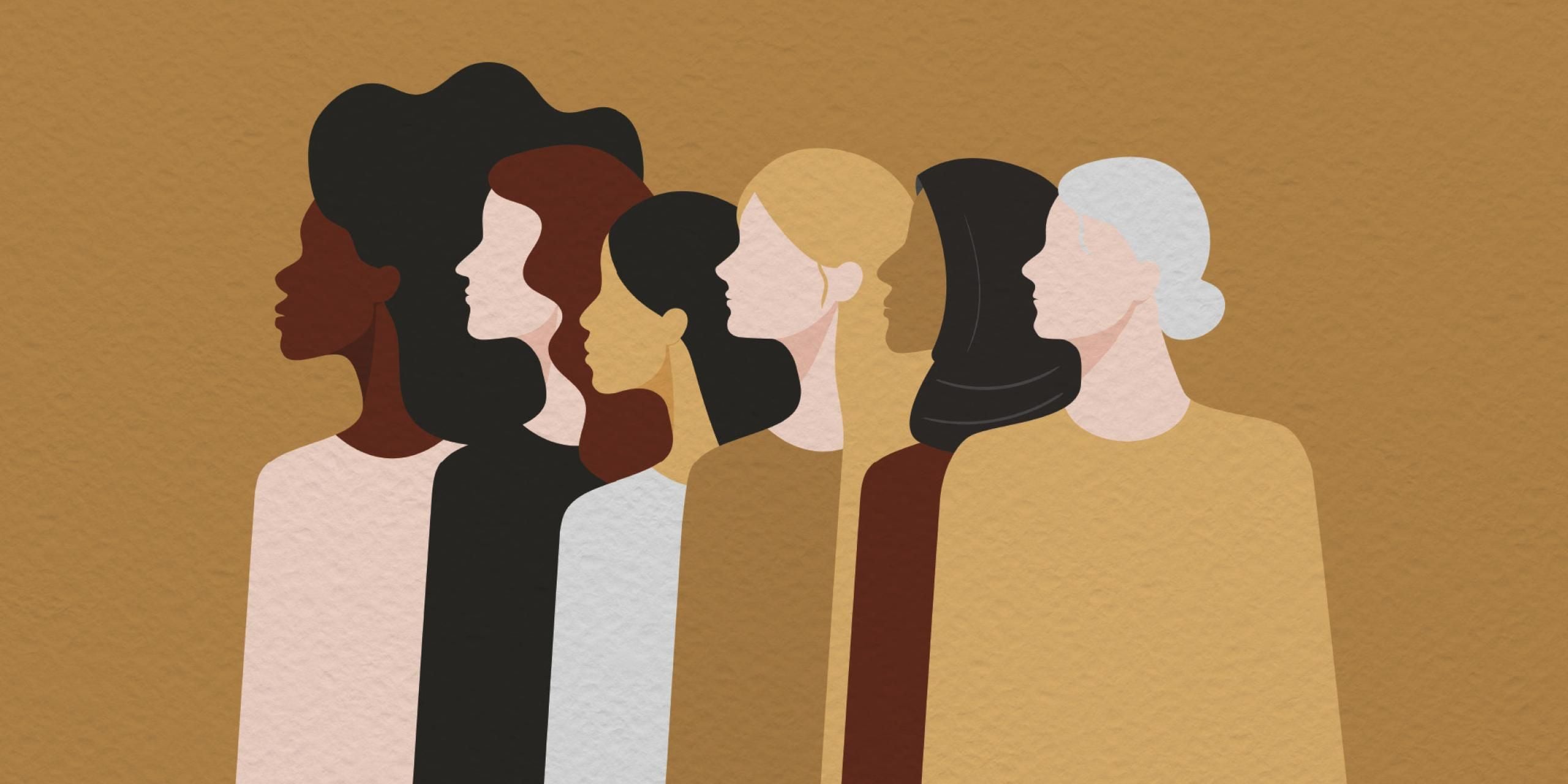 An illustration showing six women of different ages and ethnicities in profile