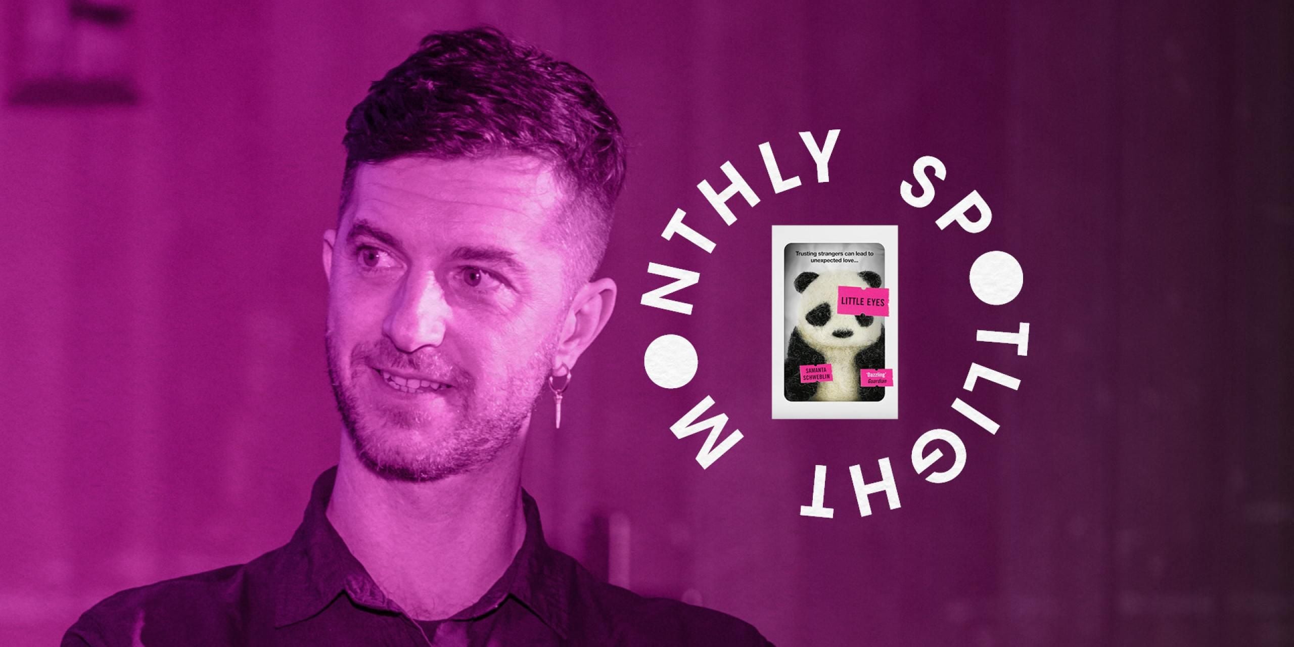 Composite with pink colour wash featuring writer Vincenzo Latronico and a copy of the book, Little Eyes by Samanta Schweblin