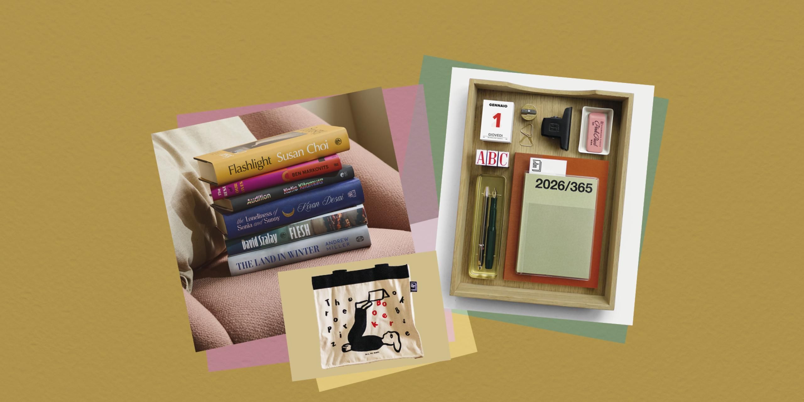 Composite image showing the Booker Prize 2025 shortlisted novels, stationery from Present & Correct, and a Booker Prize tote bag