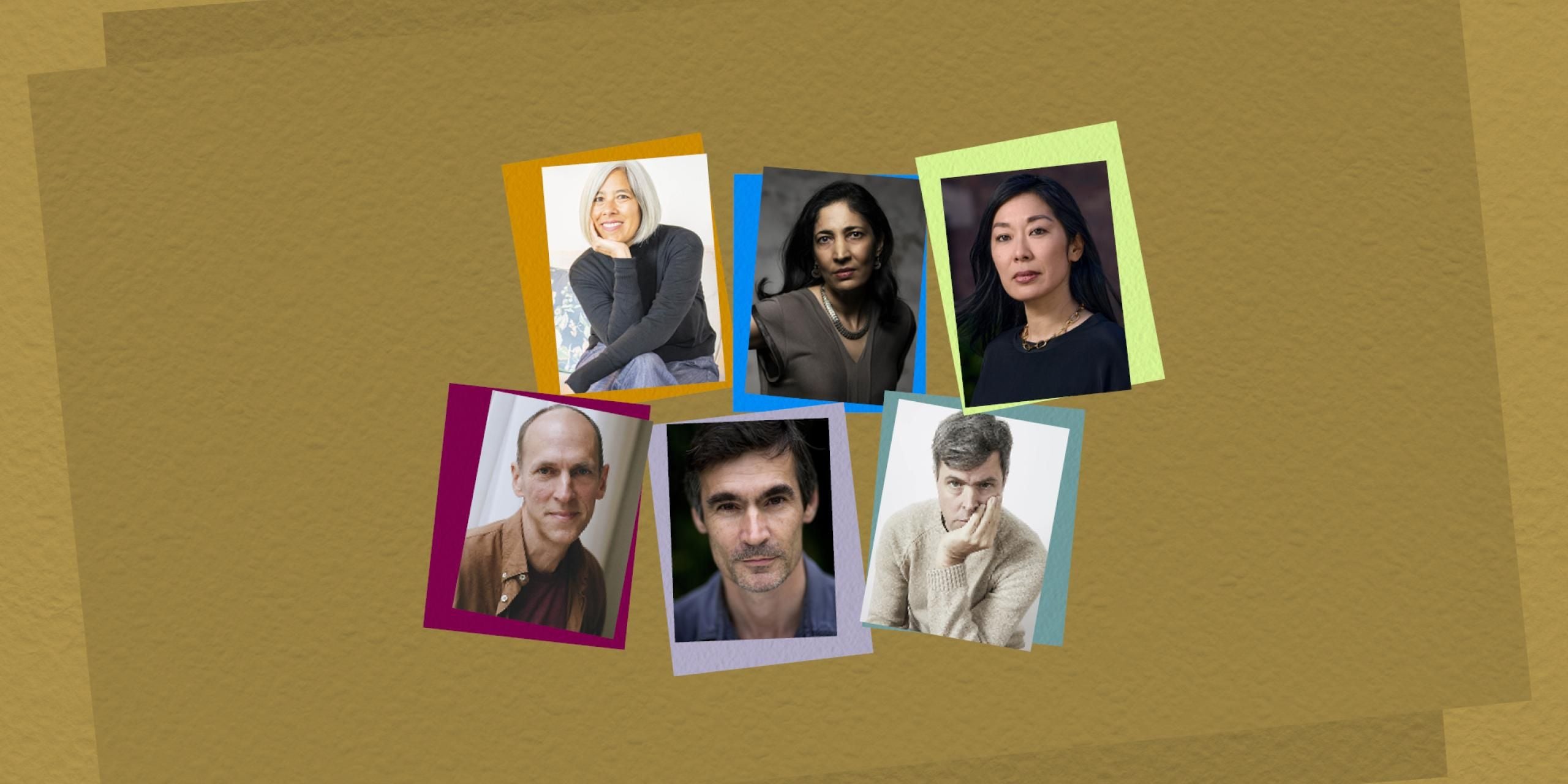 A composite image of headshots of the six authors shortlisted for the Booker Prize 2025, presented against a gold background