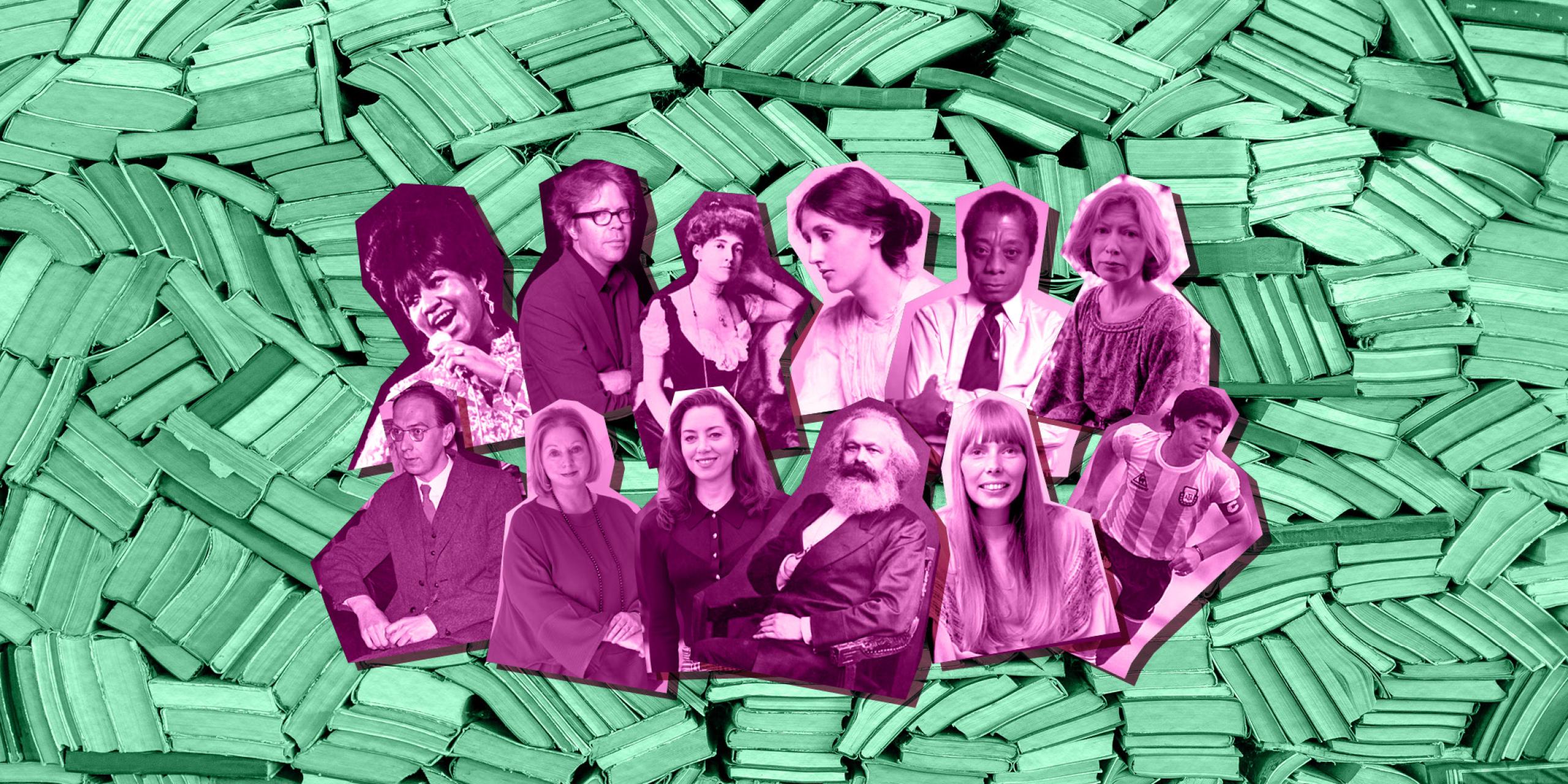 Composite image of famous writers and musicians against a background of hundreds of stacked books