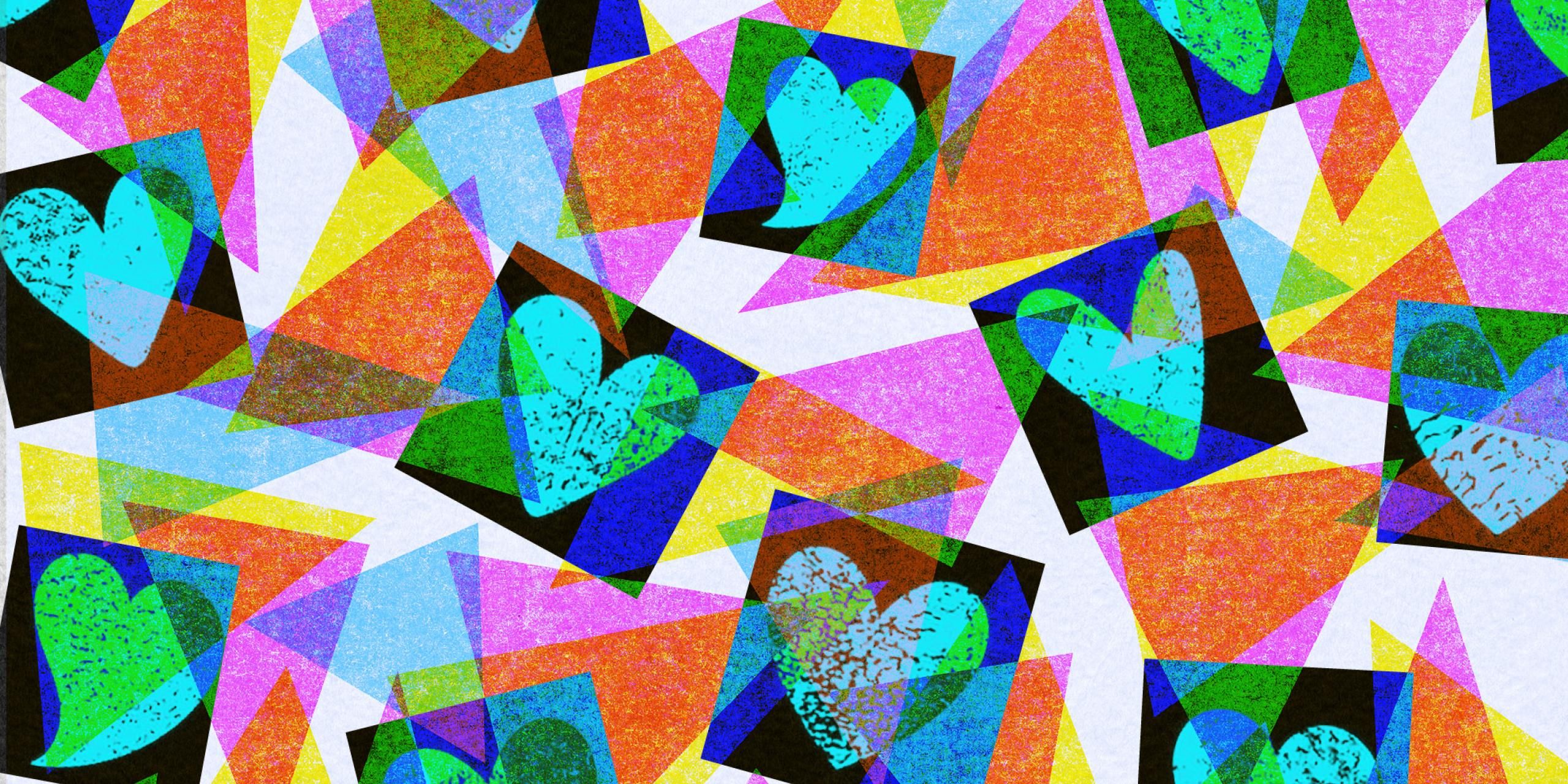 Neon coloured hearts in different shapes