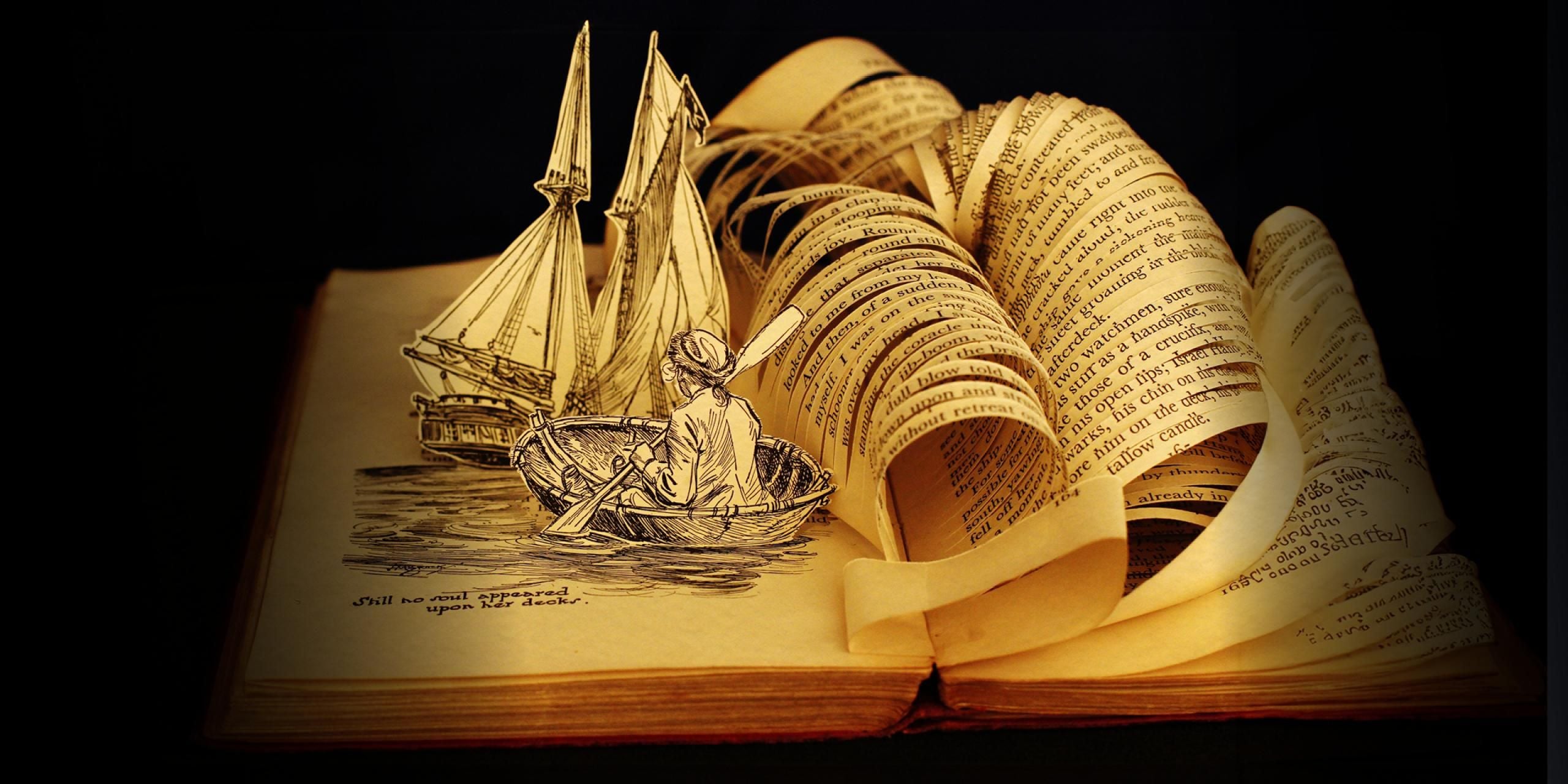 Book sculpture made from an old illustrated edition of Treasure Island by Robert Louis Stevenson