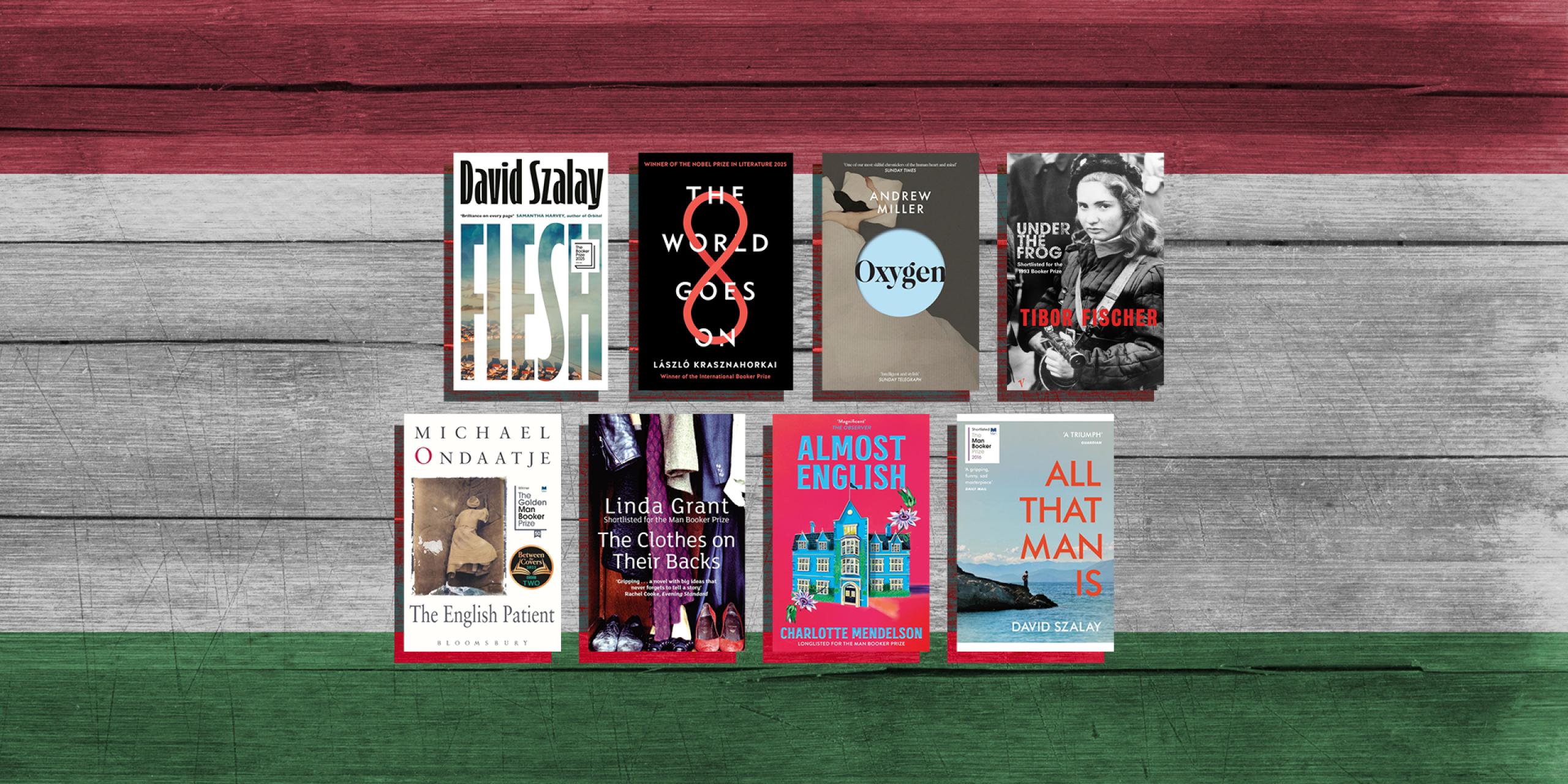 Eight books displayed in two rows of our, set against a backdrop with three thick horizontal colour stripes - the red, white and green of the Hungarian flag