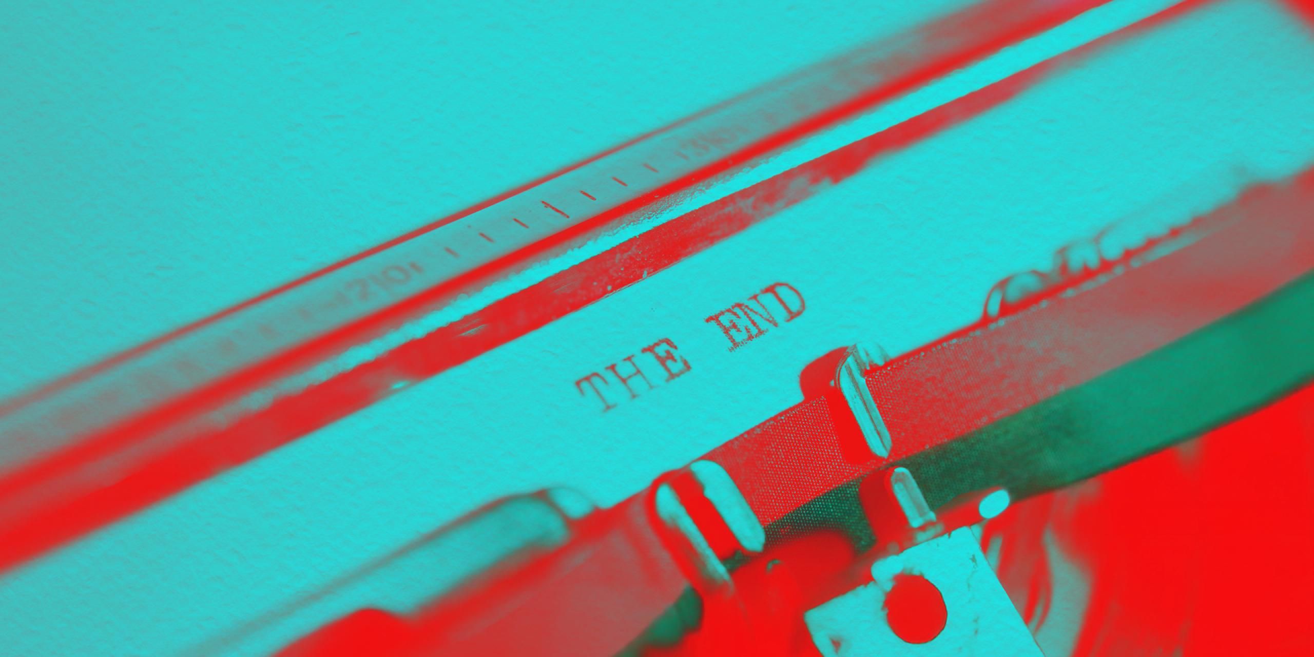The words The End displayed on a typewriter with a blue and red overlay of colour
