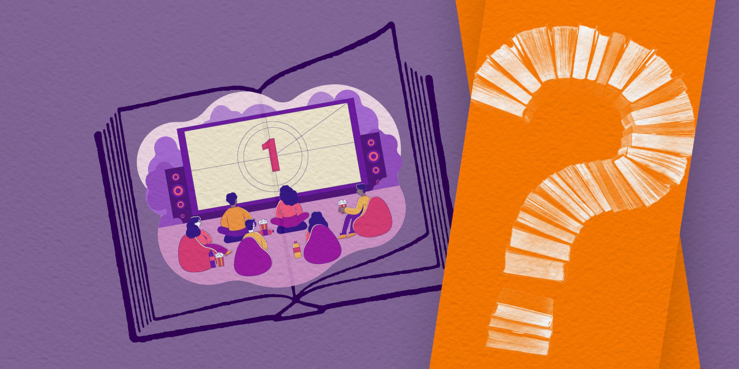 An open book with a movie screen inside it with people sitting in front of it on a purple background with a question mark 