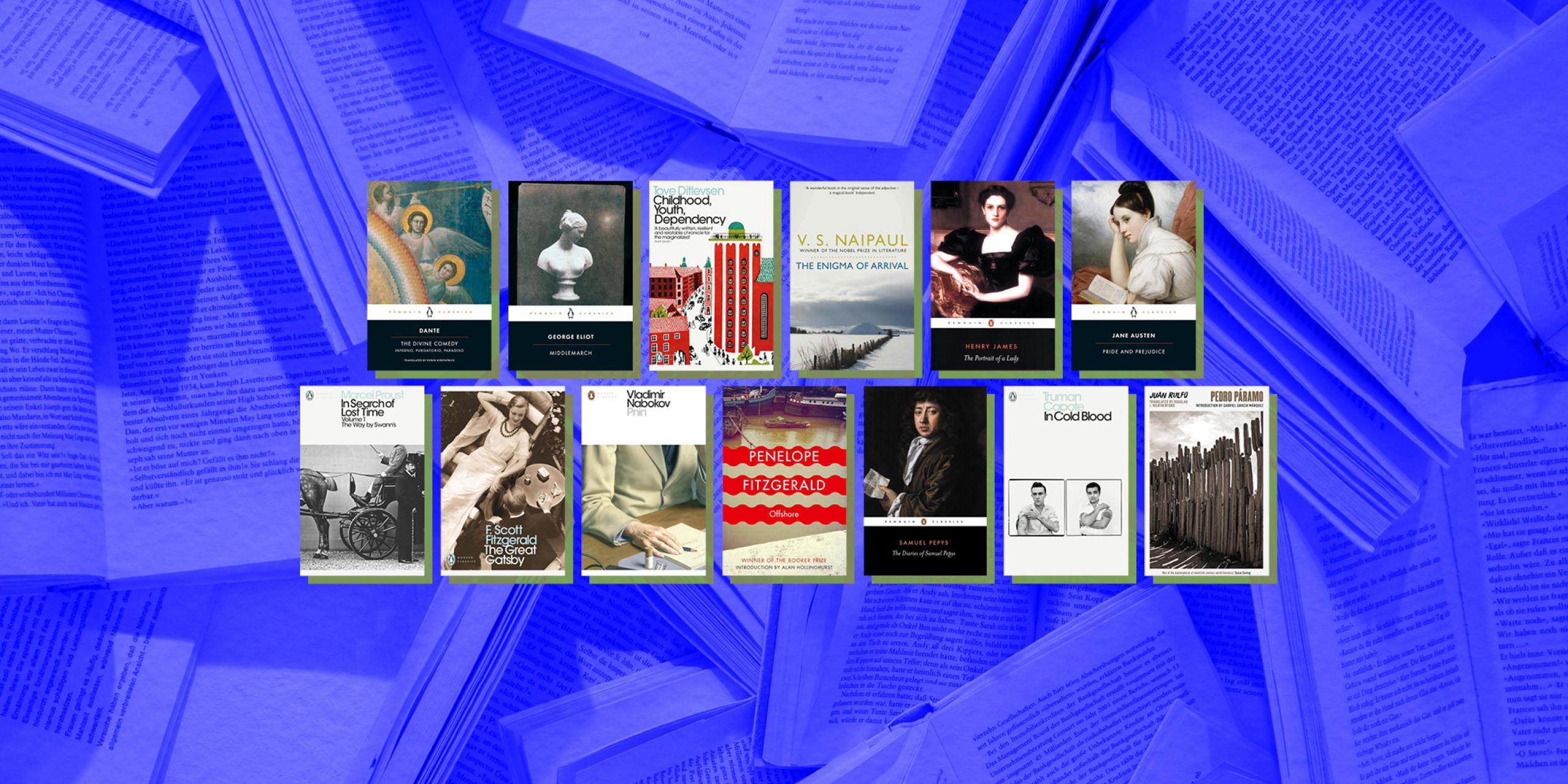 Book covers on a blue background