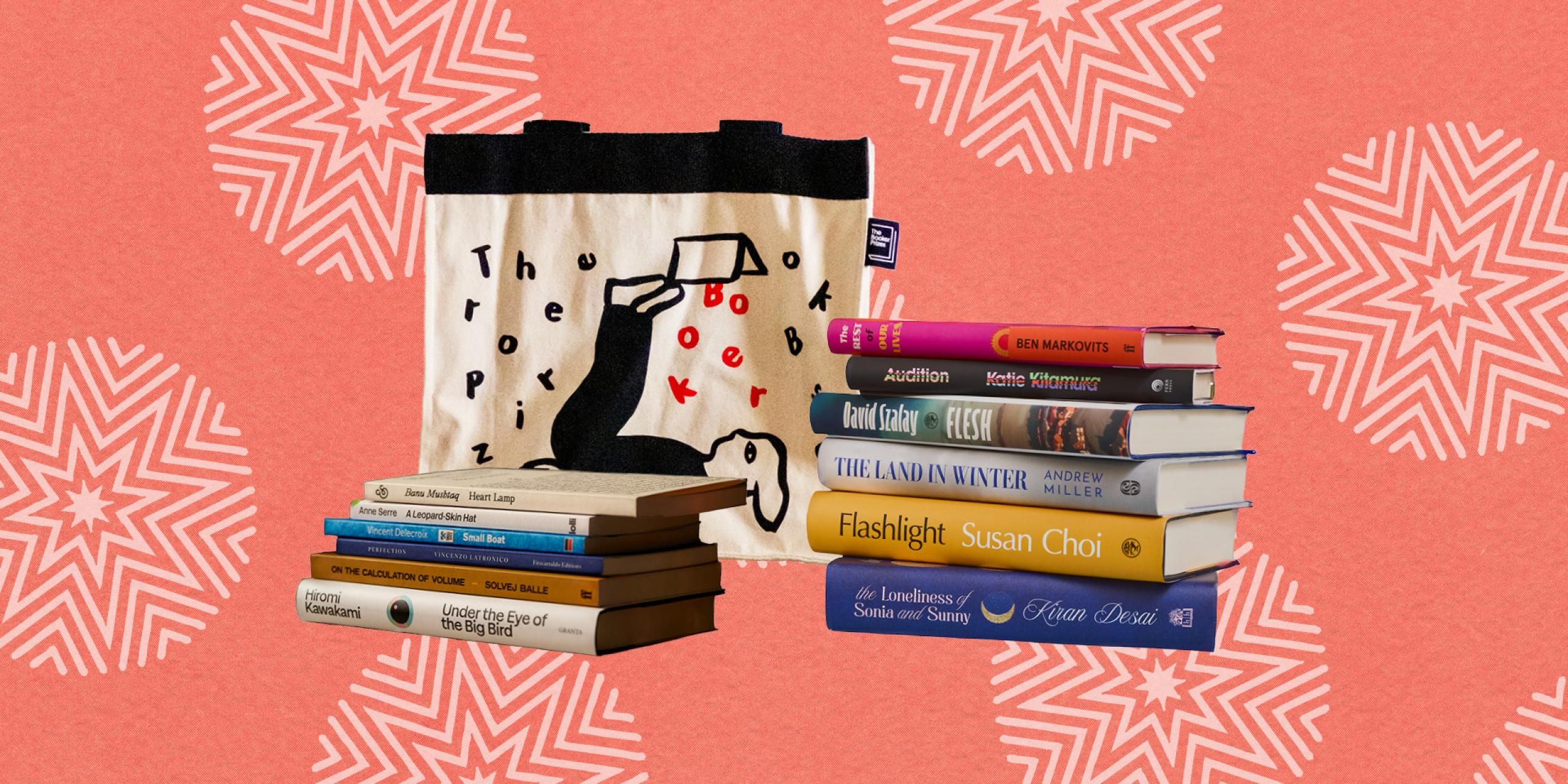 A Booker Prize tote bag and the shortlisted BP and IBP 2025 books on a red background with white stars