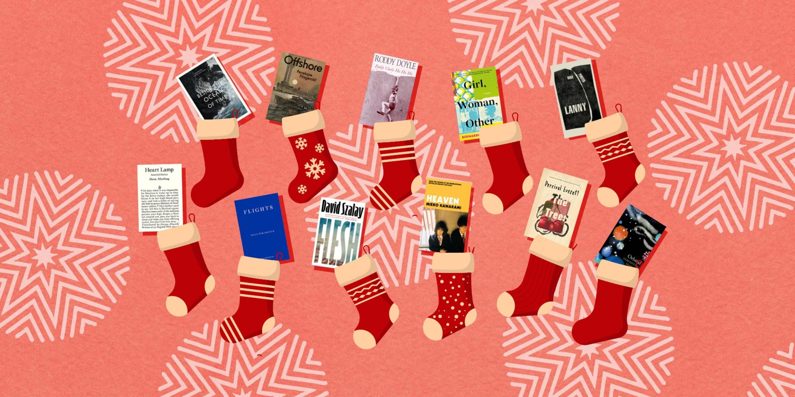 11 Christmas stockings, each with a book poking out of the top