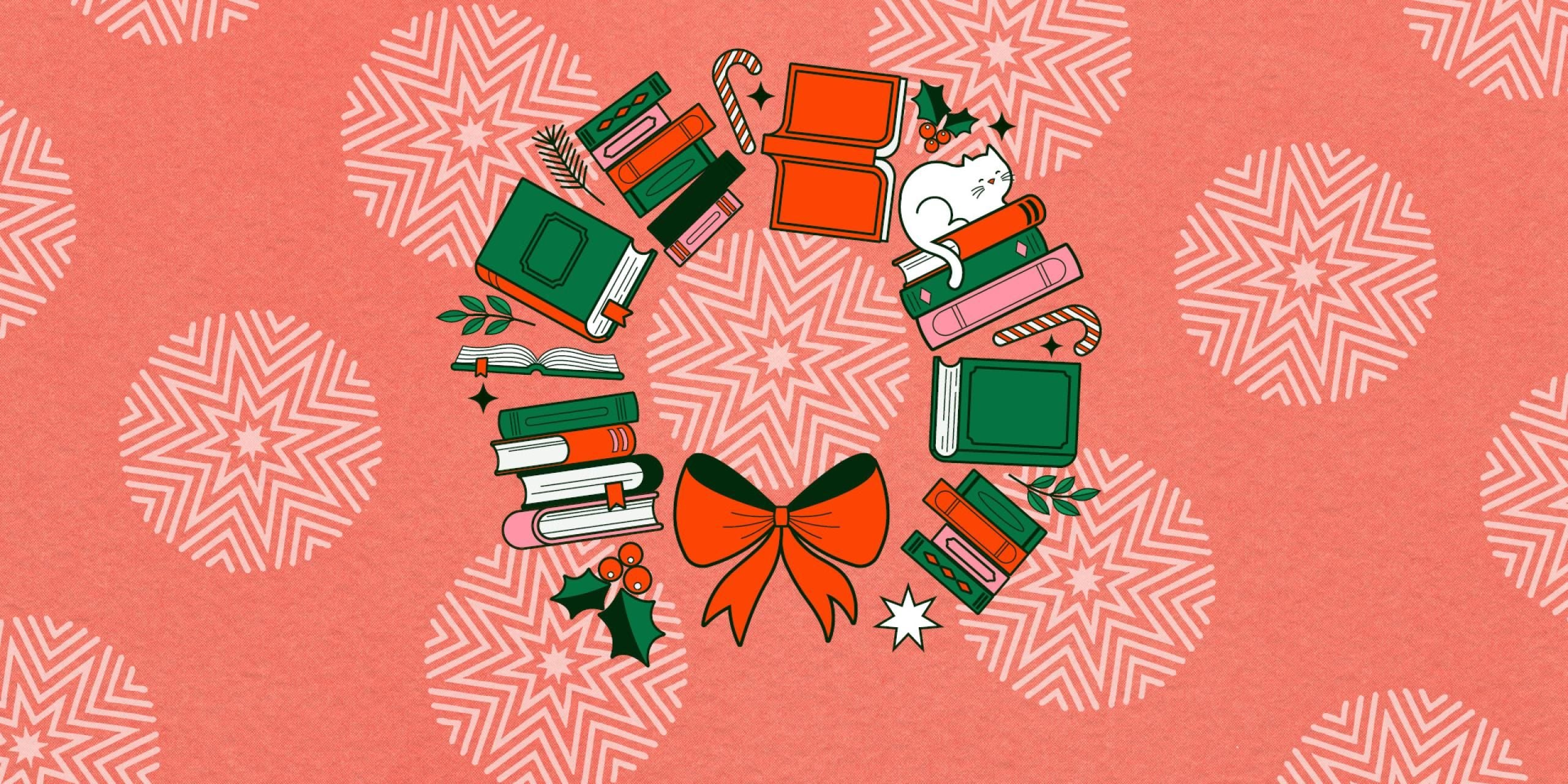 A wreath of holly made of books, mistletoe and candy canes on a red background with white stars