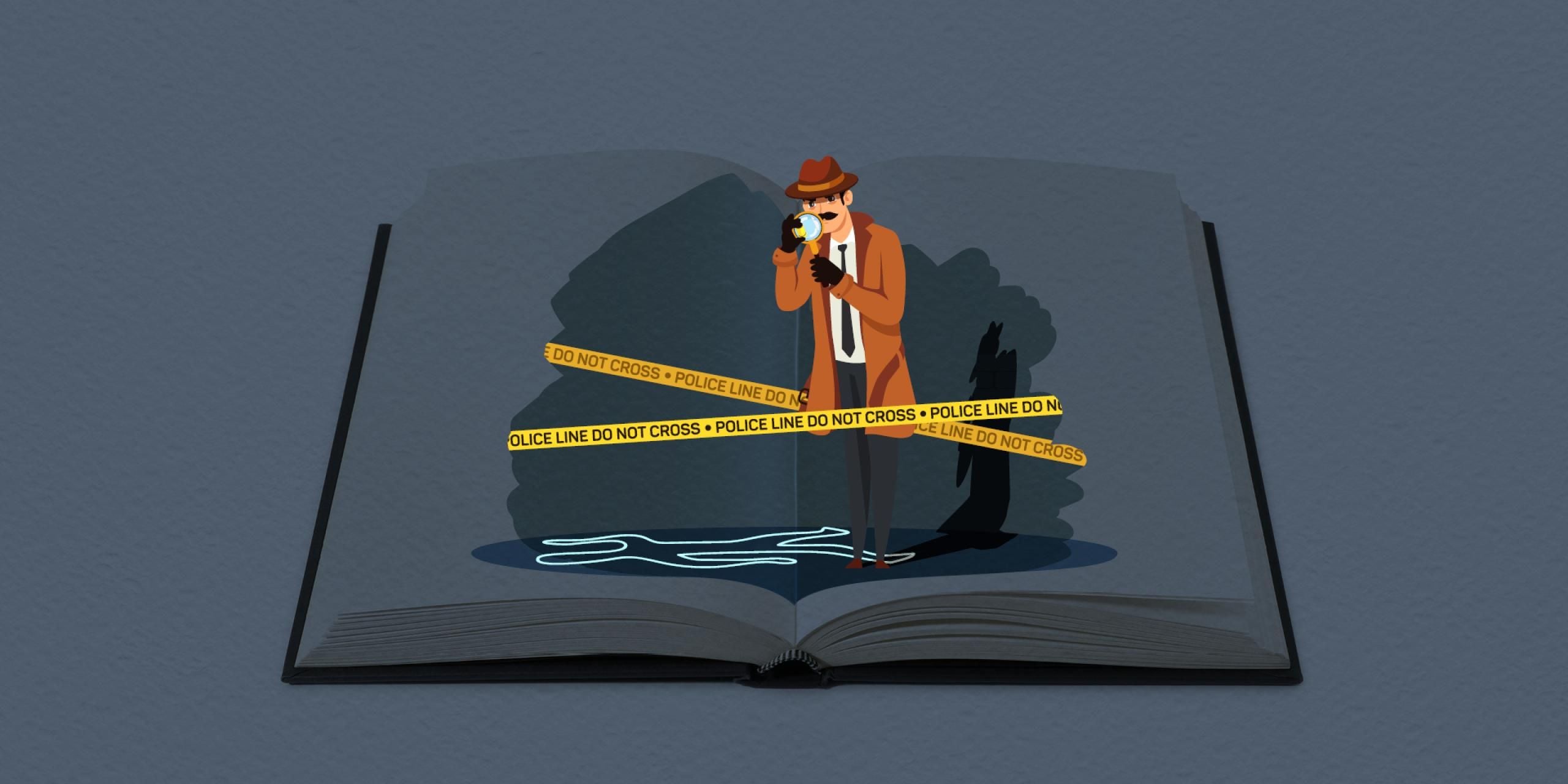 An open book with an illustration of male detective within the pages, peering through a magnifying glass and standing behind yellow police tape