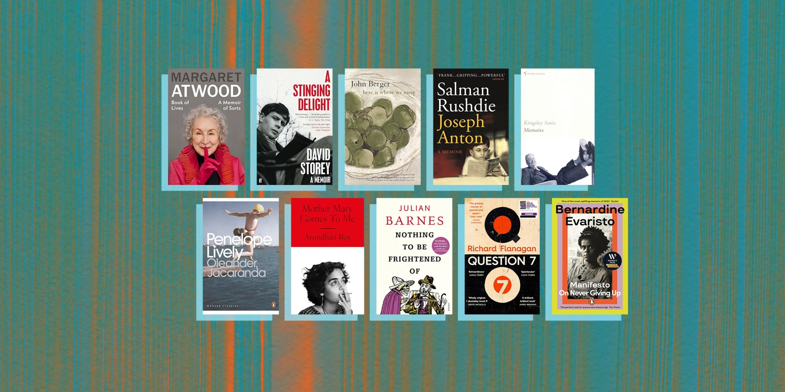 Book covers against a green and orange striped background