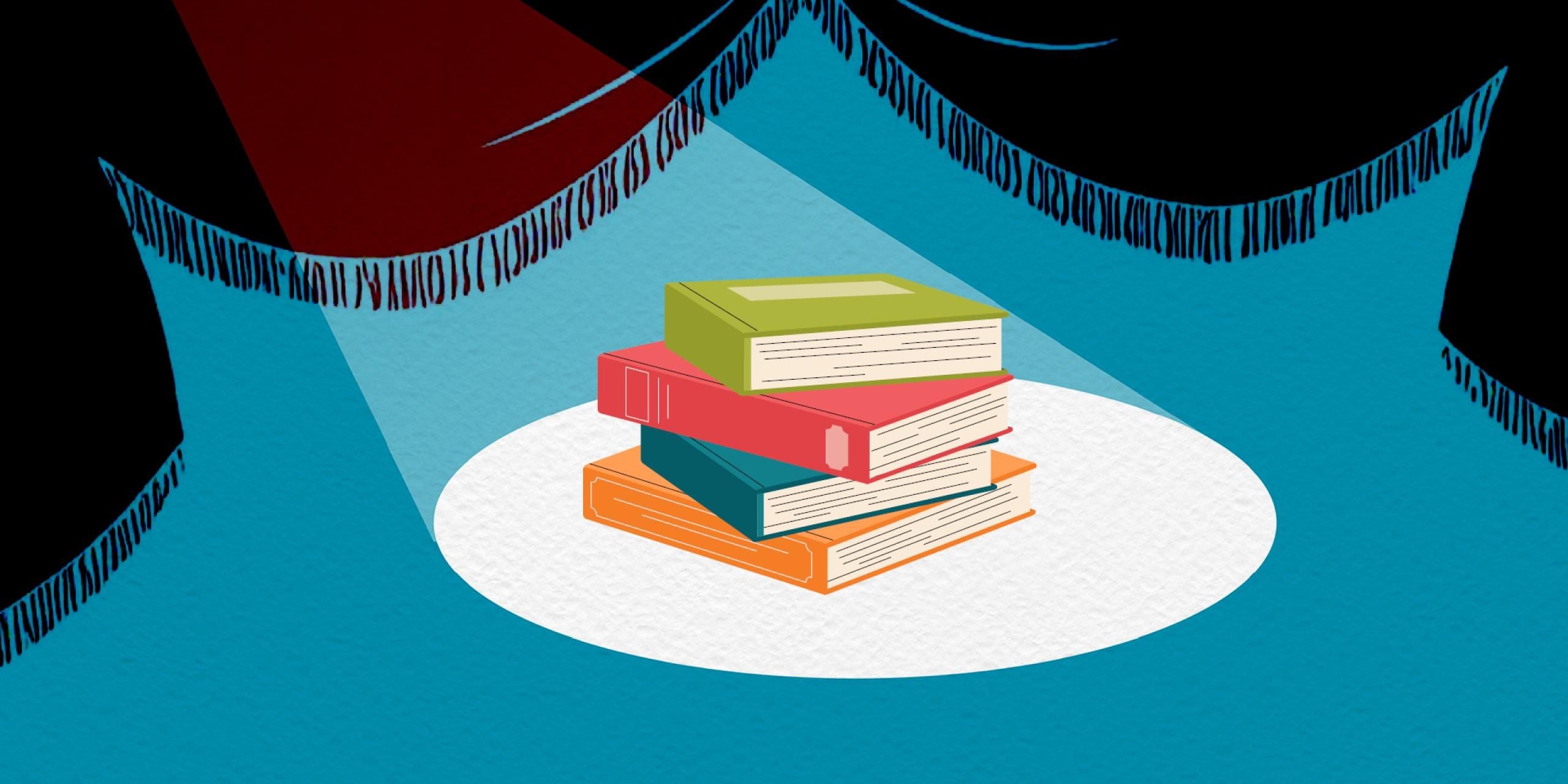 Illustration showing a pile of four books under the beam of a spotlight, with a border of tasselled curtains