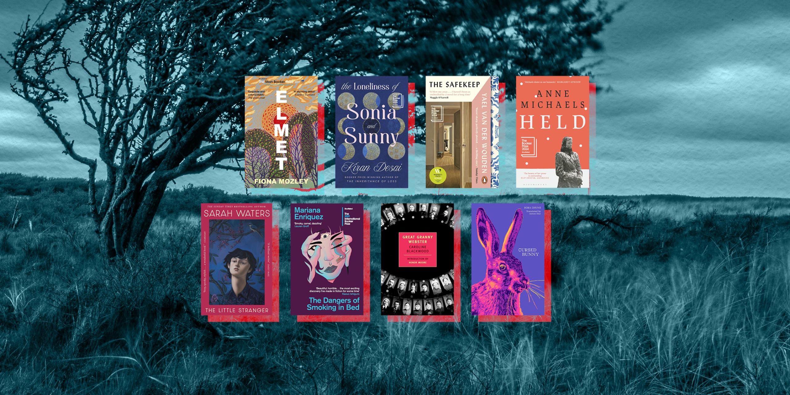 Six books cover images set against a wild moorland background with a dark blue colour wash