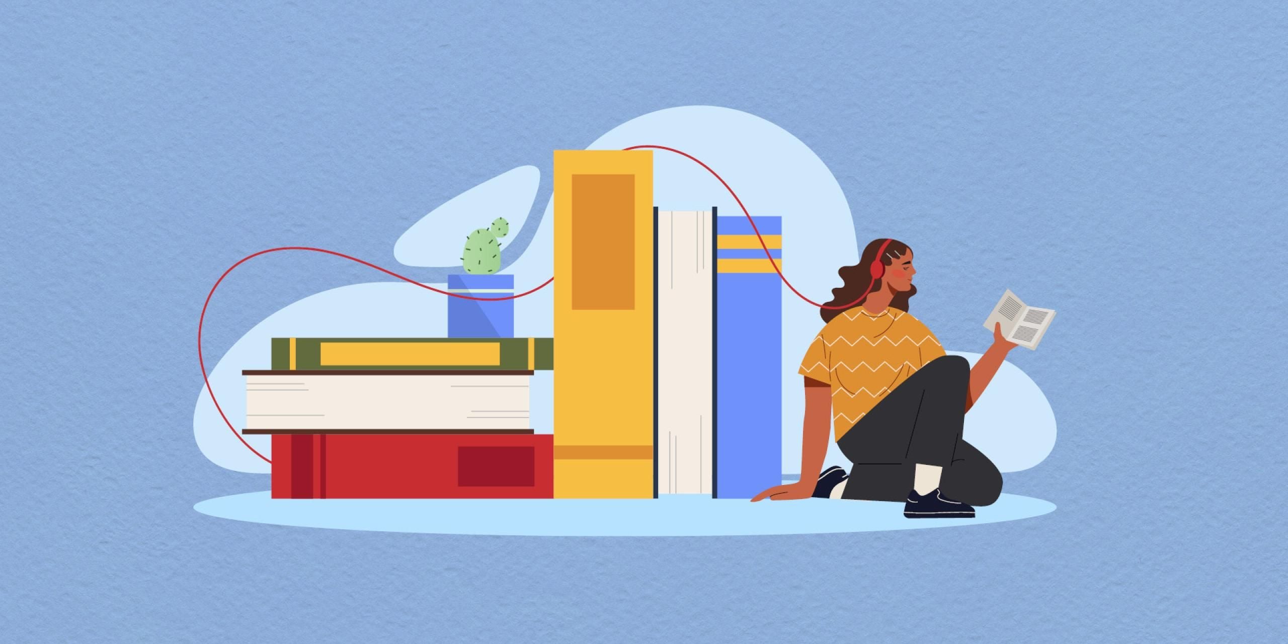 Illustration showing a woman leaning against a pile of books listening to an audiobook