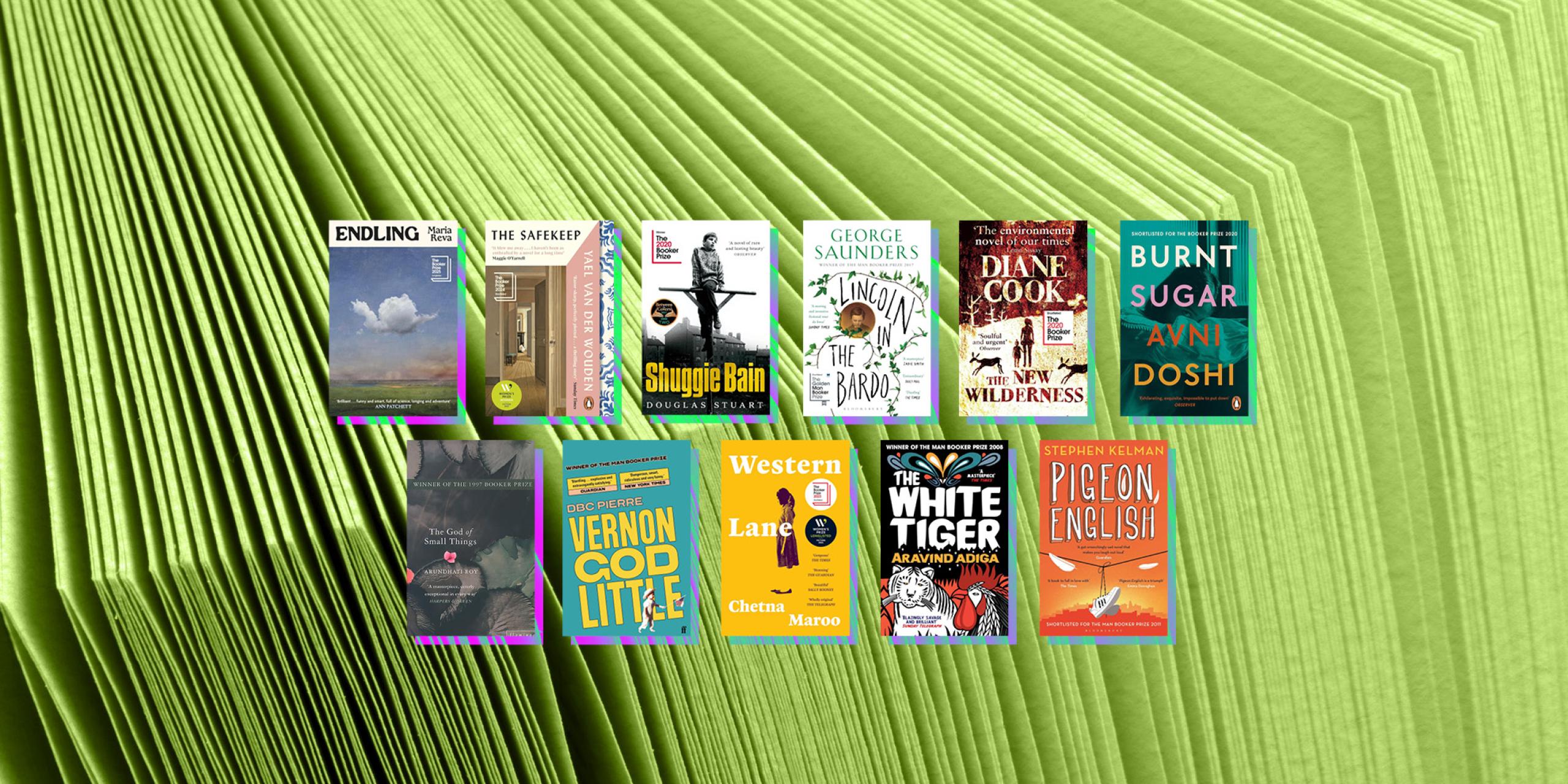 Book covers on a background of green tinted book pages