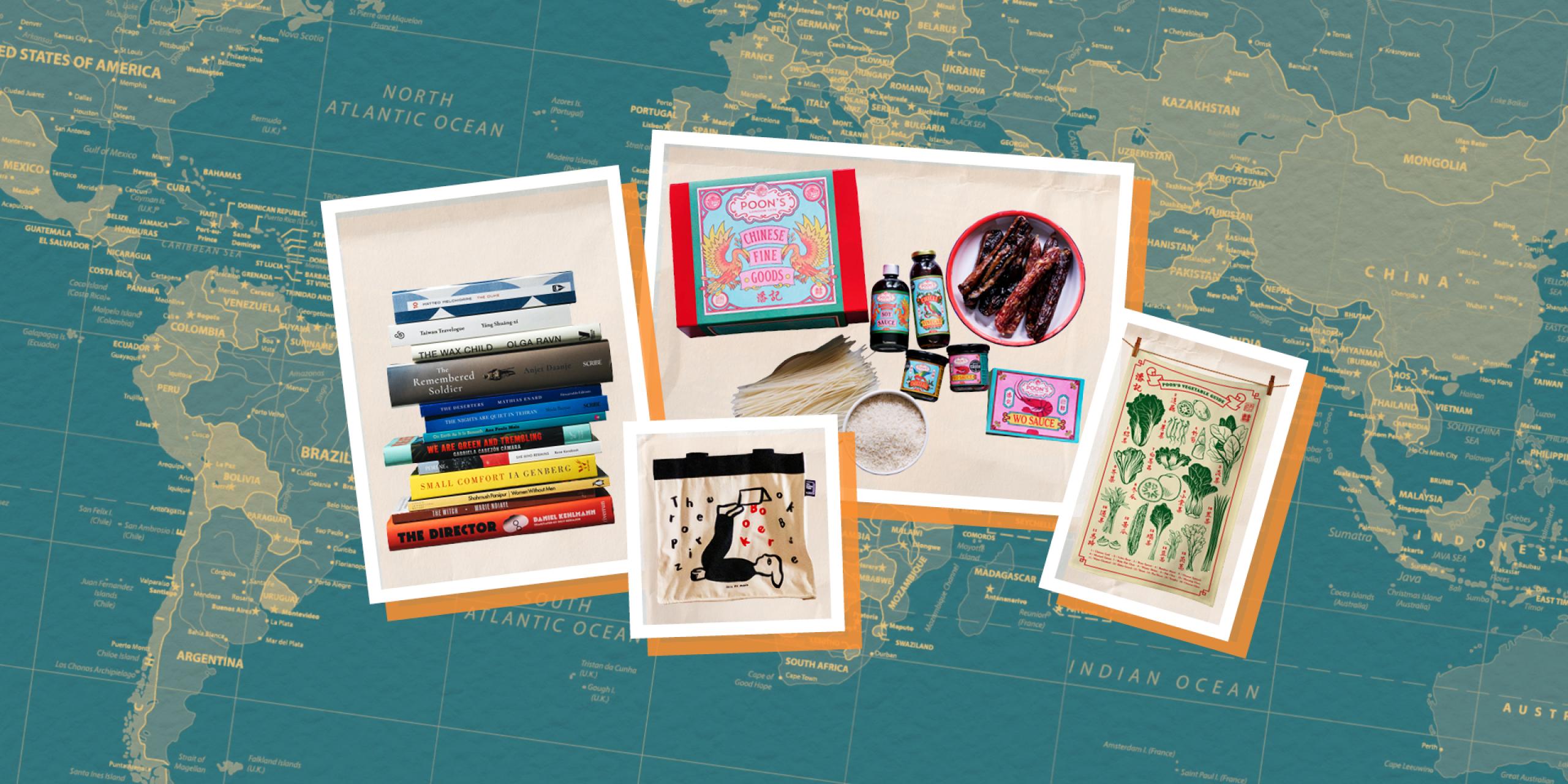 A composite image of a stack of the 13 International Booker Prize 2026 longlisted books, A Booker Prize tote bag, a Poon's Hamper and a Poon's tea towel