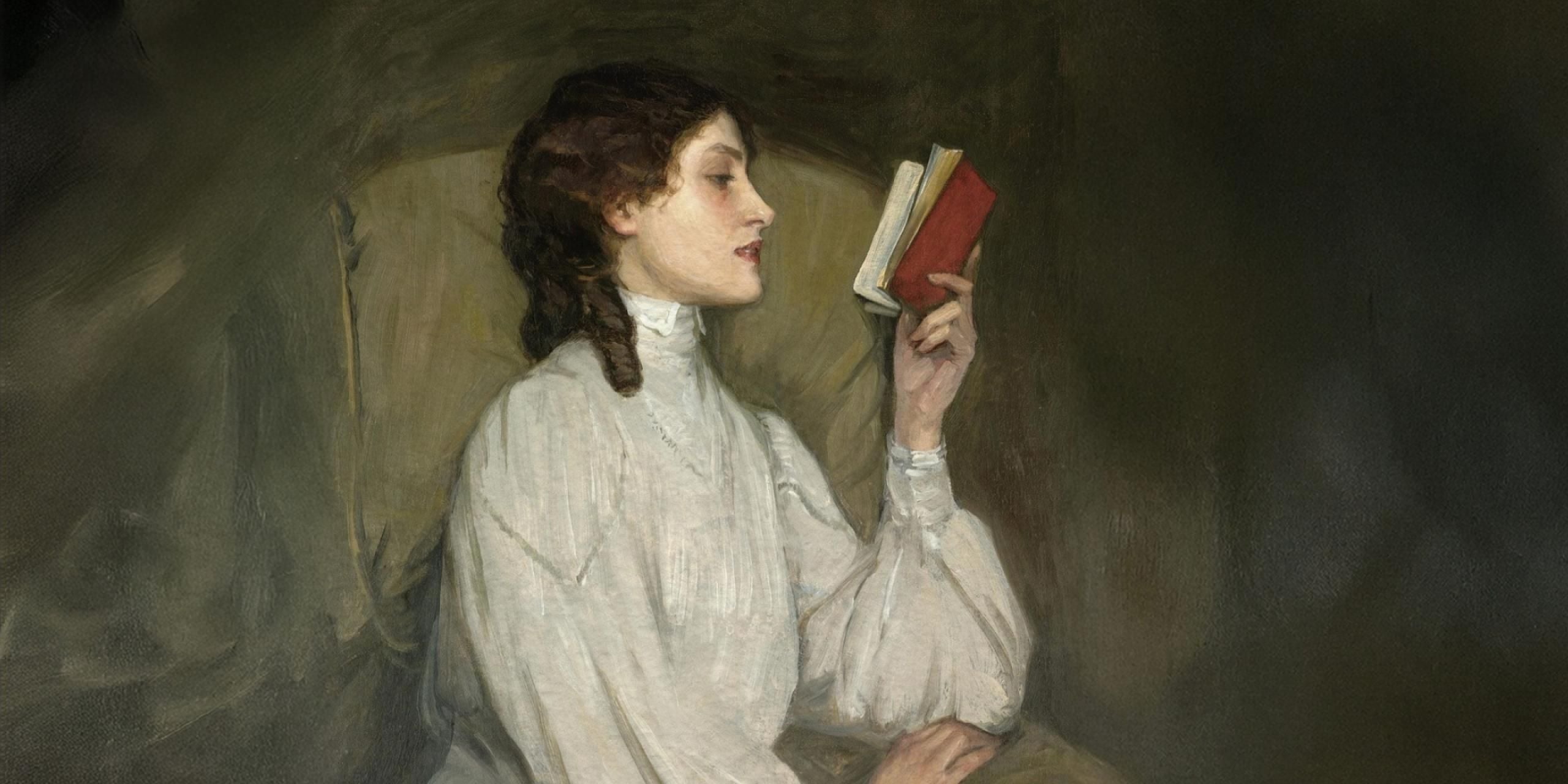 A Victorian painting of a woman reading a book